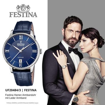 Festina Quarzuhr Festina Herren Uhr F20484/3 Leder, Herren Armbanduhr tonneau, rund, Lederarmband blau