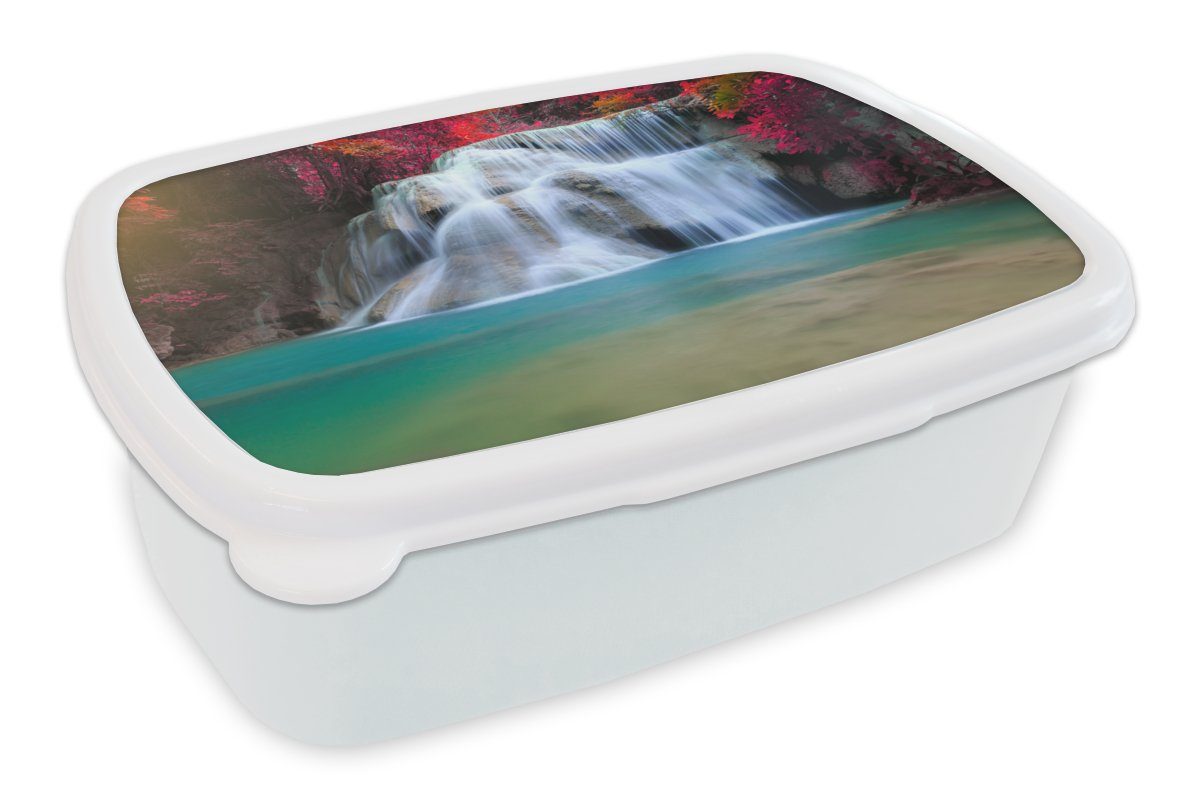 MuchoWow Lunchbox Wasserfall - weiß für Natur, und Bäume Kunststoff, Jungs (2-tlg), - Mädchen Landschaft - und - Erwachsene, Kinder Rot Brotbox Brotdose, für