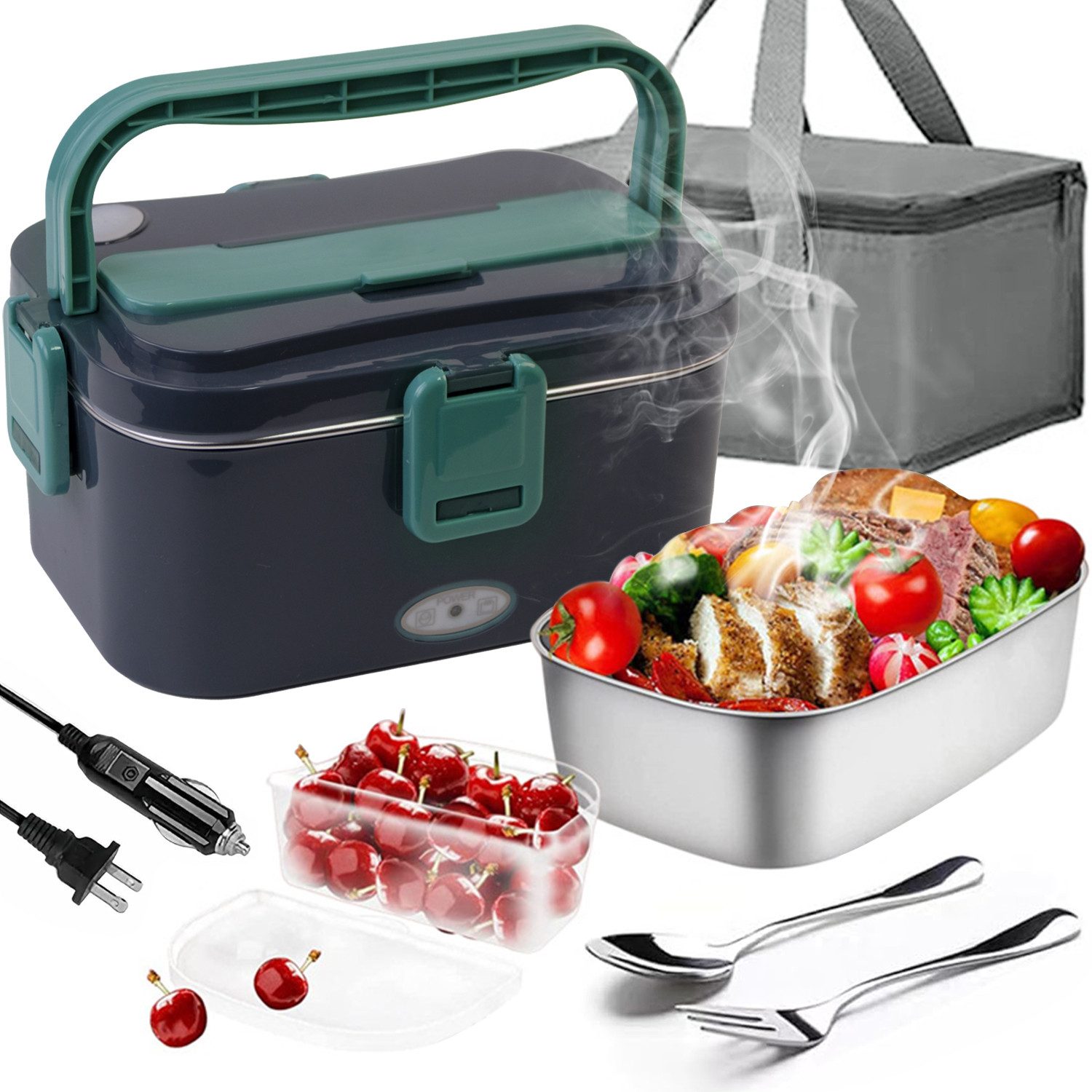 MOPUEA Elektrische Lunchbox Elektrische Lunchbox Edelstahl 304 isolierte 3 in 1 Lunchbox grün, (Mit 12V/24V Autoadapter und 230V Netzadapter, ideal für Auto, Zuhause oder Büro,1.8L), Großes Fassungsvermögen mit Tragetasche und Reinigungstuch