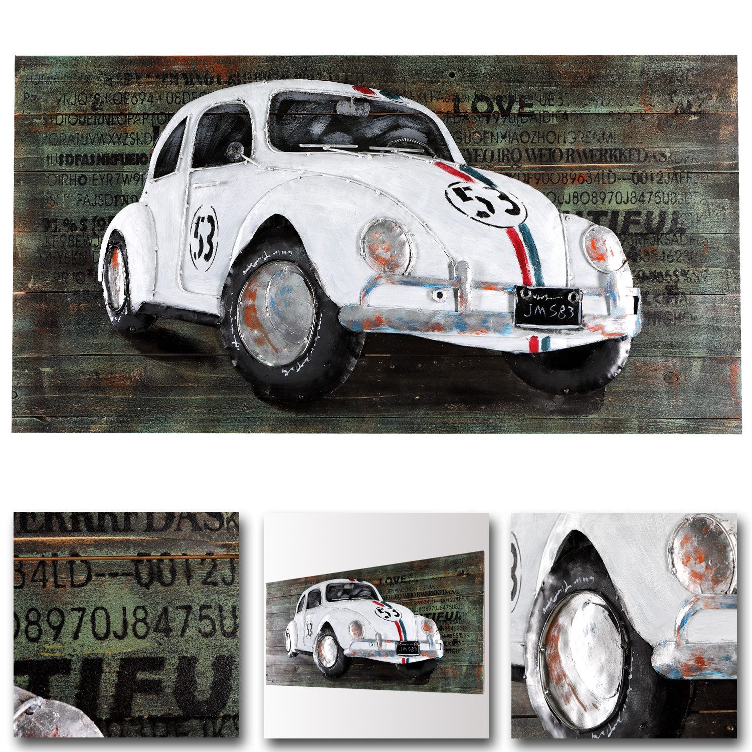 Home4Living Metallbild Wandbild Metallbild Motiv Herbie 3D Bild Unikat Relief, VW Käfer, 3D-Effekt