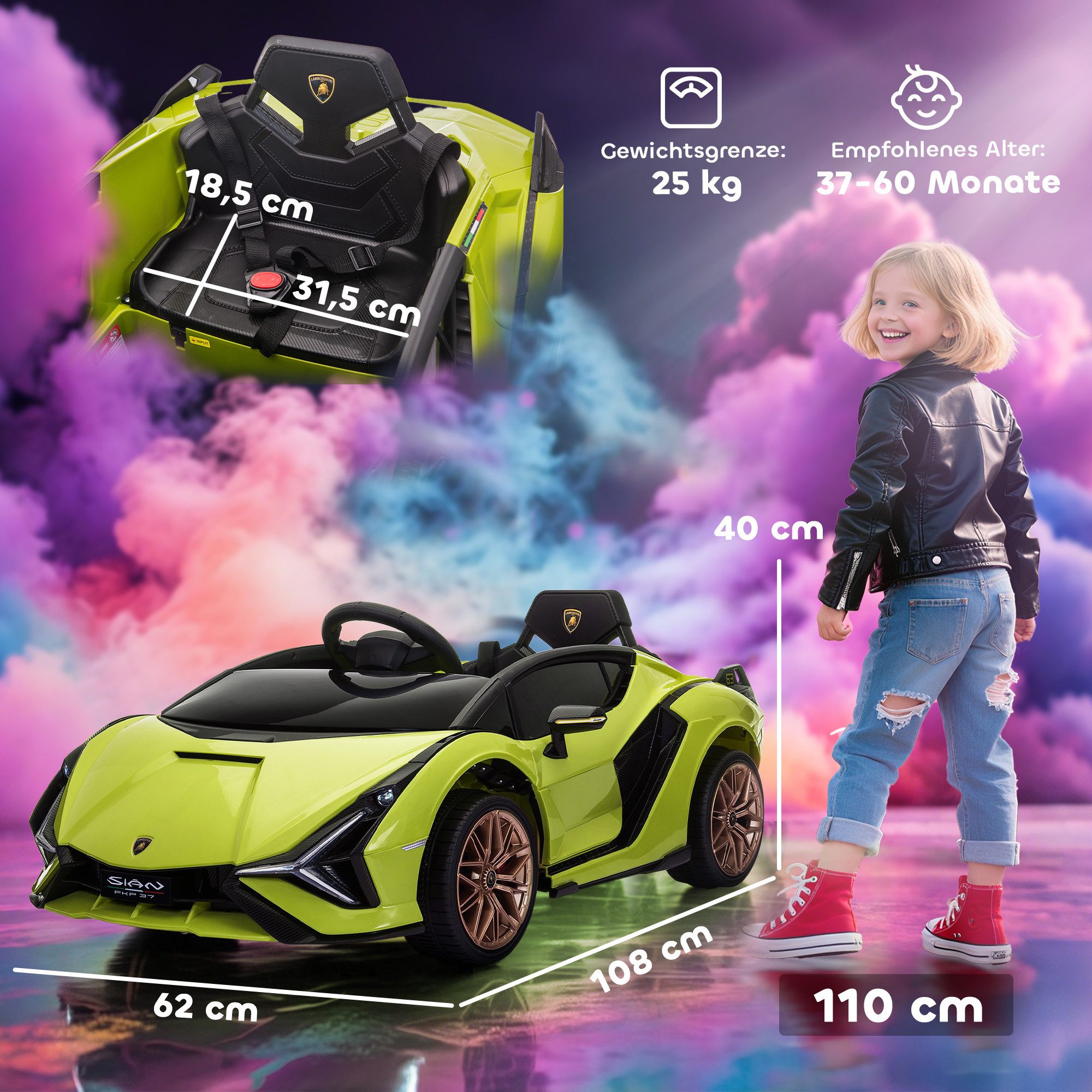 HOMCOM Elektro-Kinderauto 12V Kinderauto mit 2,4G Fernbedienung, 2 Motor, Elektrofahrzeug, Belastbarkeit 25 kg, (1-tlg), für 3-5 Jahre Kinder, Grün