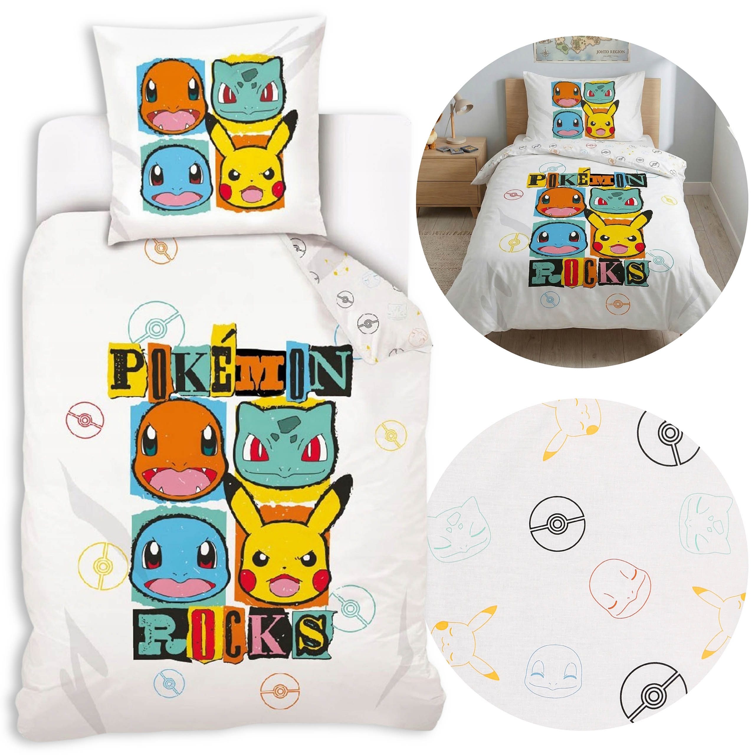 POKÉMON Kinderbettwäsche Pokémon Bettwäsche Kinder 140x200 +70x90 100% Baumwolle weiß