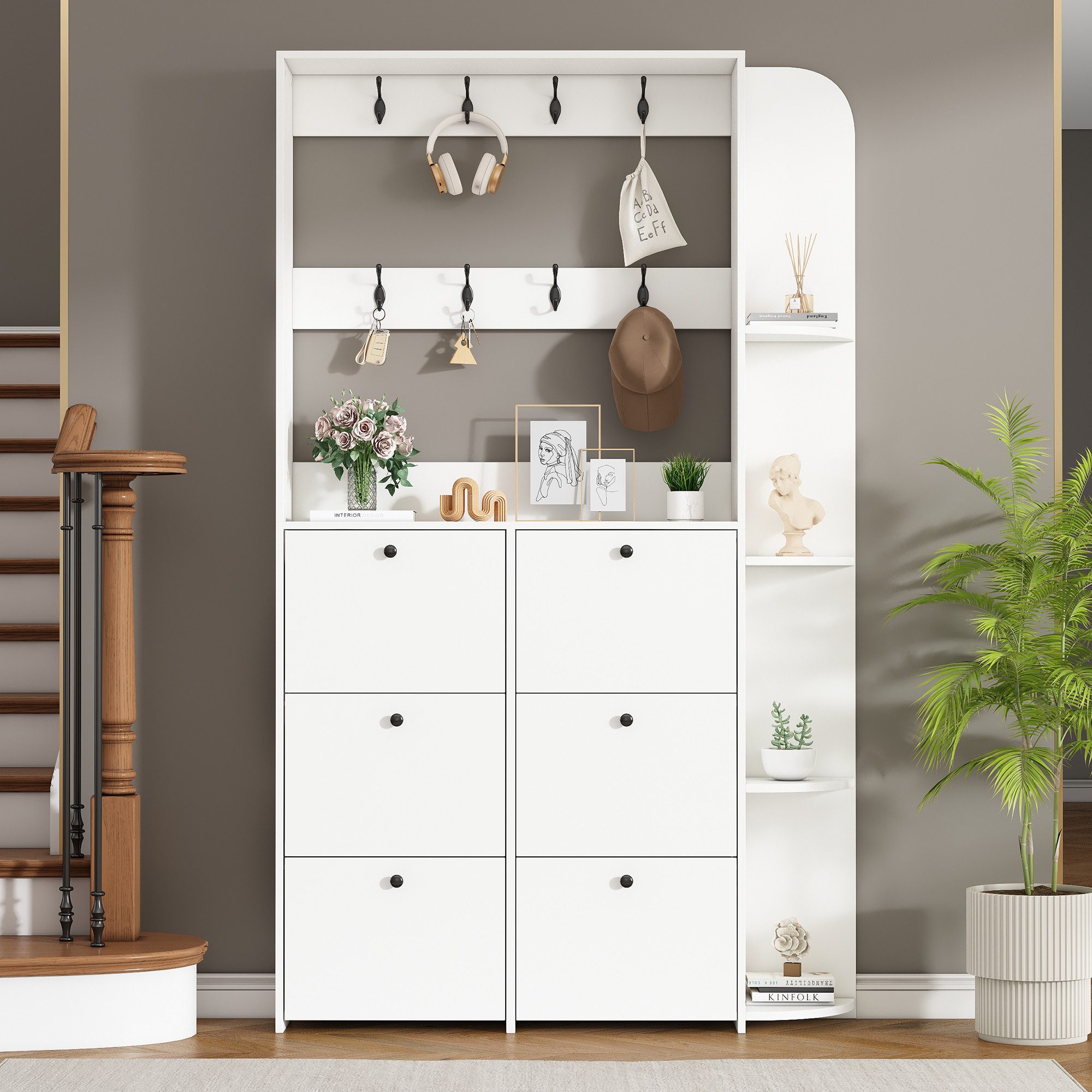 REDOM Schuhschrank 120x24x200 cm, 3-in-1 Organizer für Flur oder Kleiderschrank (Packung, 1-St., Schmaler Aufbau für maximale Ordnung und platzsparende Aufbewahrung) in Weiß, mit 8 Haken, 8 Klapptüren & 5 Ablageflächen