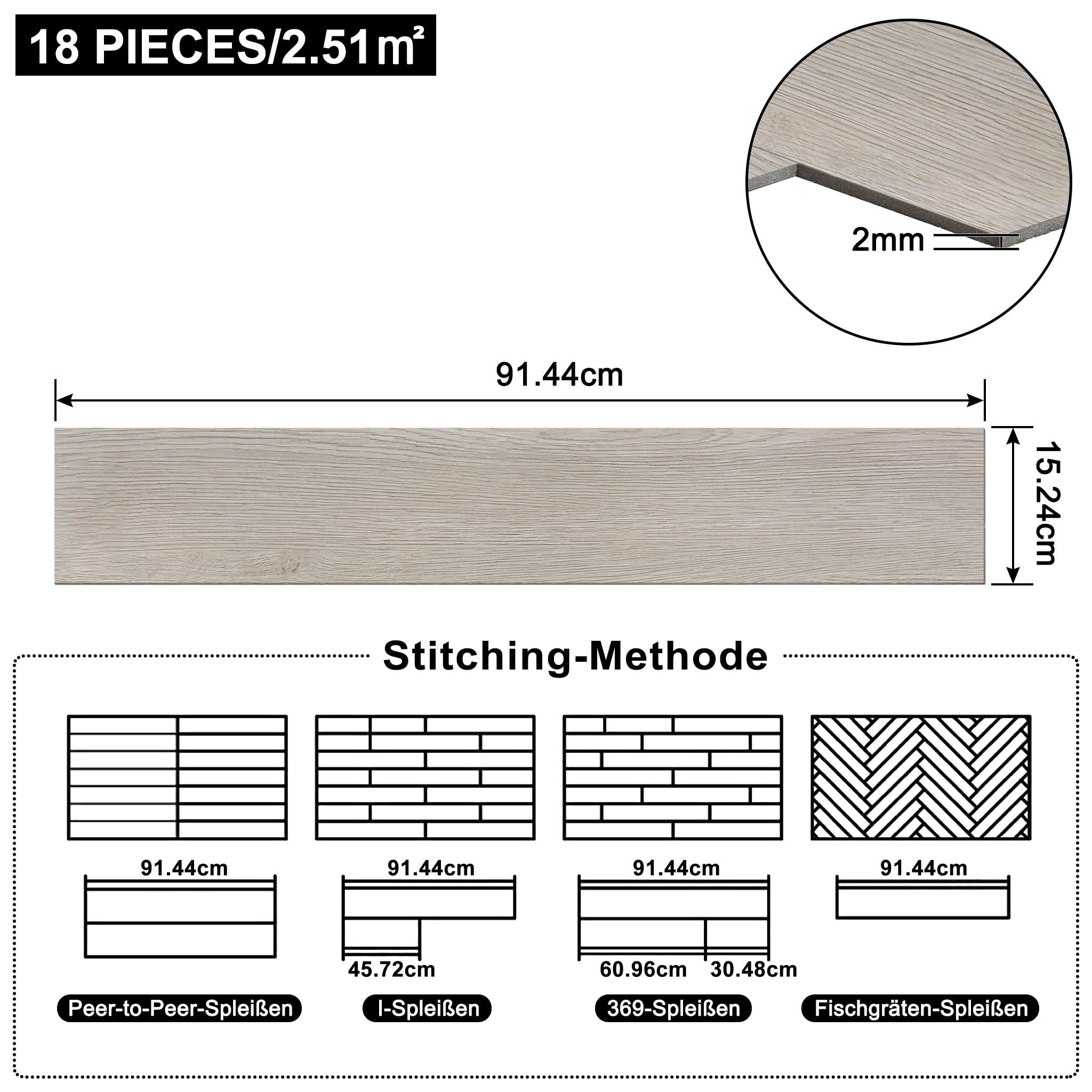 FIVMEN Vinylboden PVC Bodenbelag Selbstklebend, Holzmaserung Dielen, Bodenfliesen, 18/36 Stück, 2.51/5.2 m² Schneidbar Fliesen für Schlafzimmer, Küche