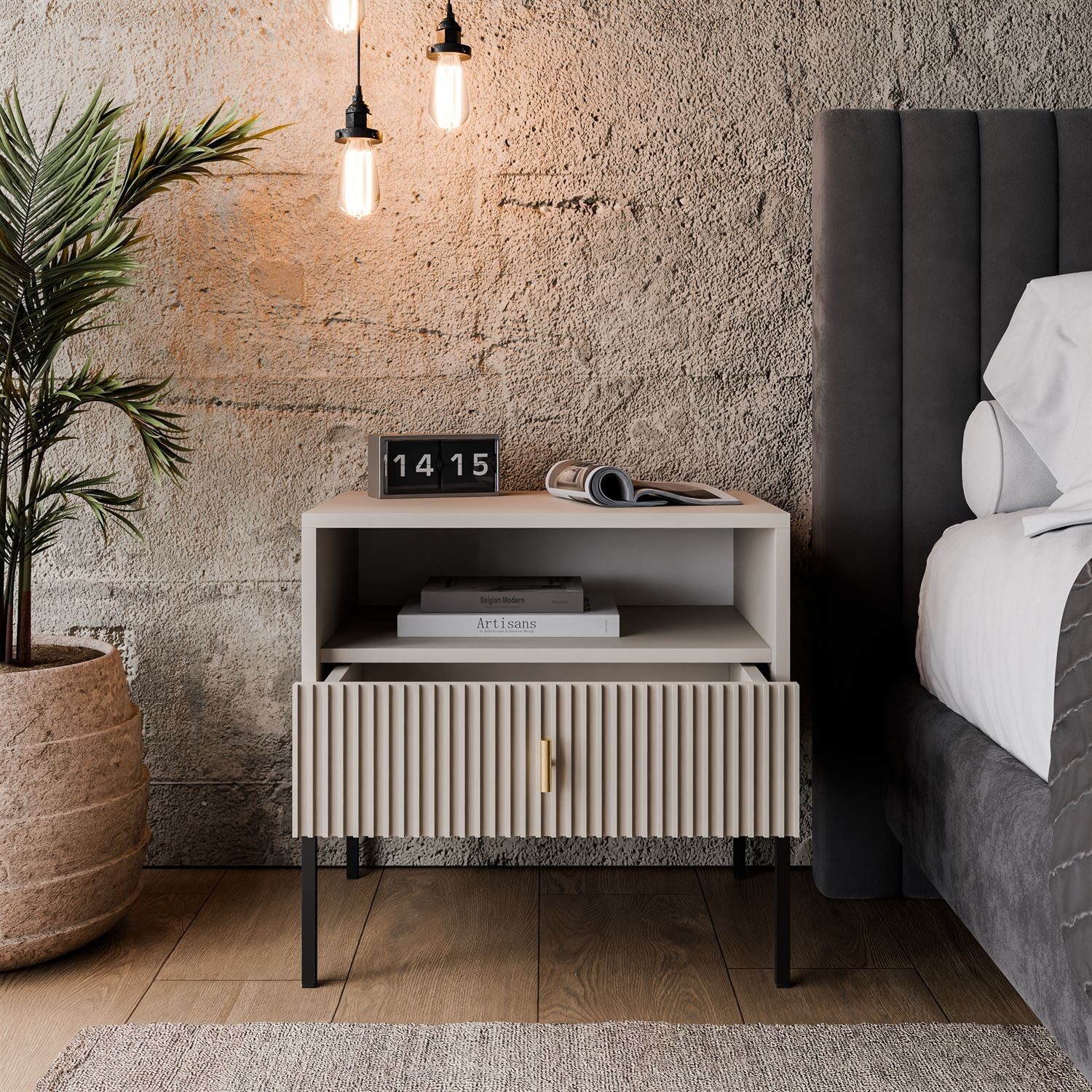 Lookway Nachttisch MIDNIGHT mit geriffelter Front auf Gestell, Breite 54 cm