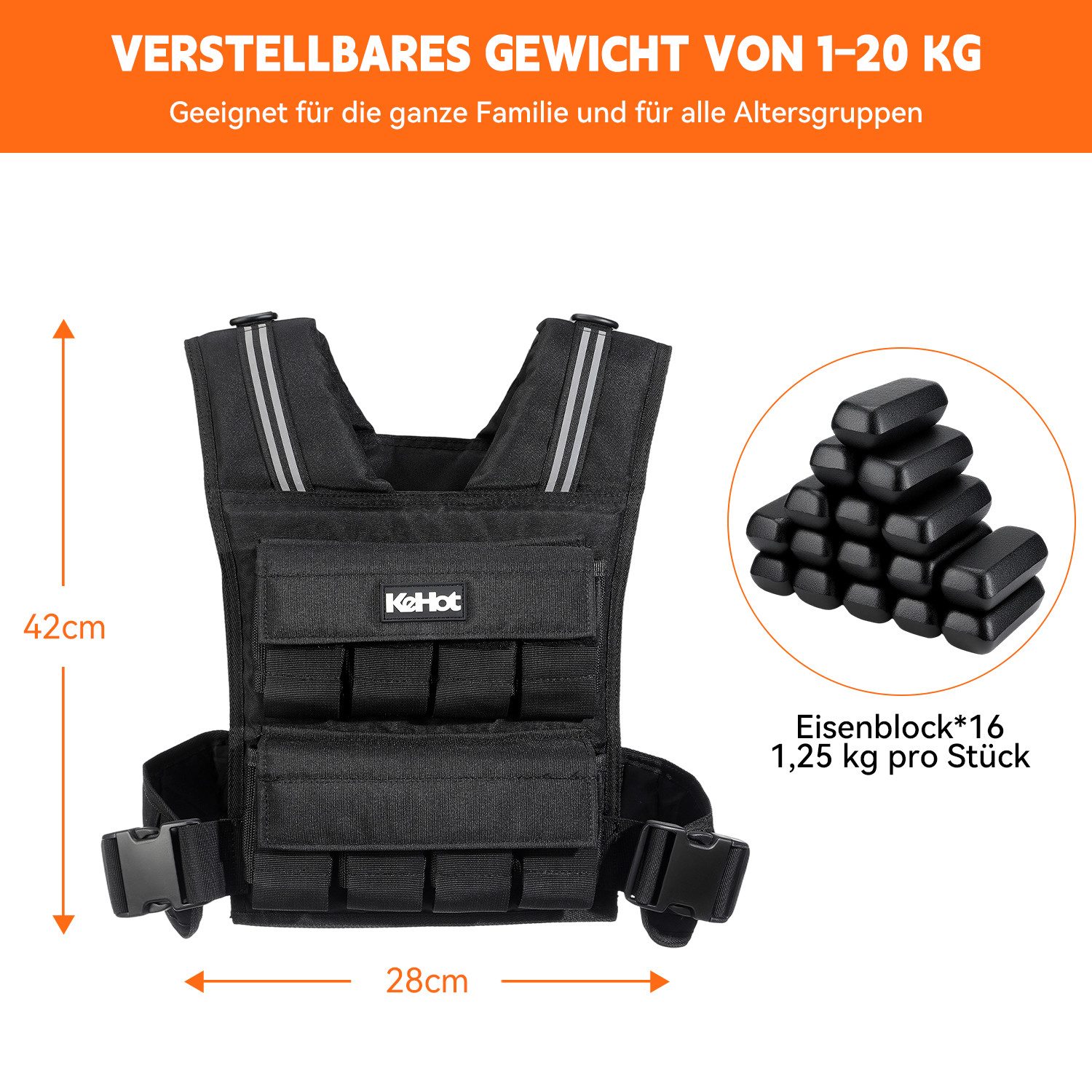 kehot Gewichtsweste Verstellbare Gewichtsweste 1–20 kg Trainingsweste für Kraftübungen, (Modulares Gewichtssystem mit 16 Eisenblöcken à 1,25 kg,Herausnehmbare, Kompakte Größe 42×28 cm, Verstellbarer Gurt bis 153 cm, Waschbare), Robustes 600D-Nylon für Sport, Fitness, Alltagstraining, Yoga-Training