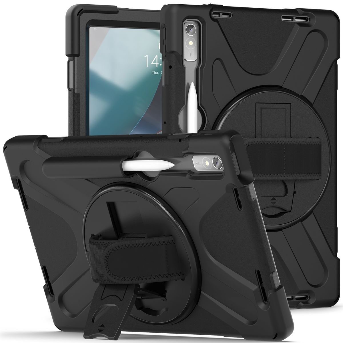 Wigento Tablet-Hülle Für Lenovo Tab P11 Pro 2. Gen 11.2 Zoll 360 Grad aufstellbare Outdoor Hybrid Schwarz Tablet Tasche Etuis + Halteschlaufe