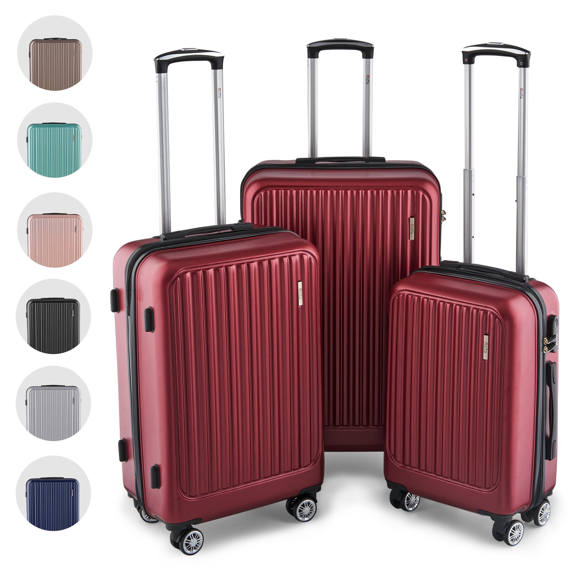 Easy Move Hartschalen-Trolley Ace 026, Reisekoffer mit 4 Rollen, 360° Rollen, 3 tlg. Set M-L-XL Wine Red