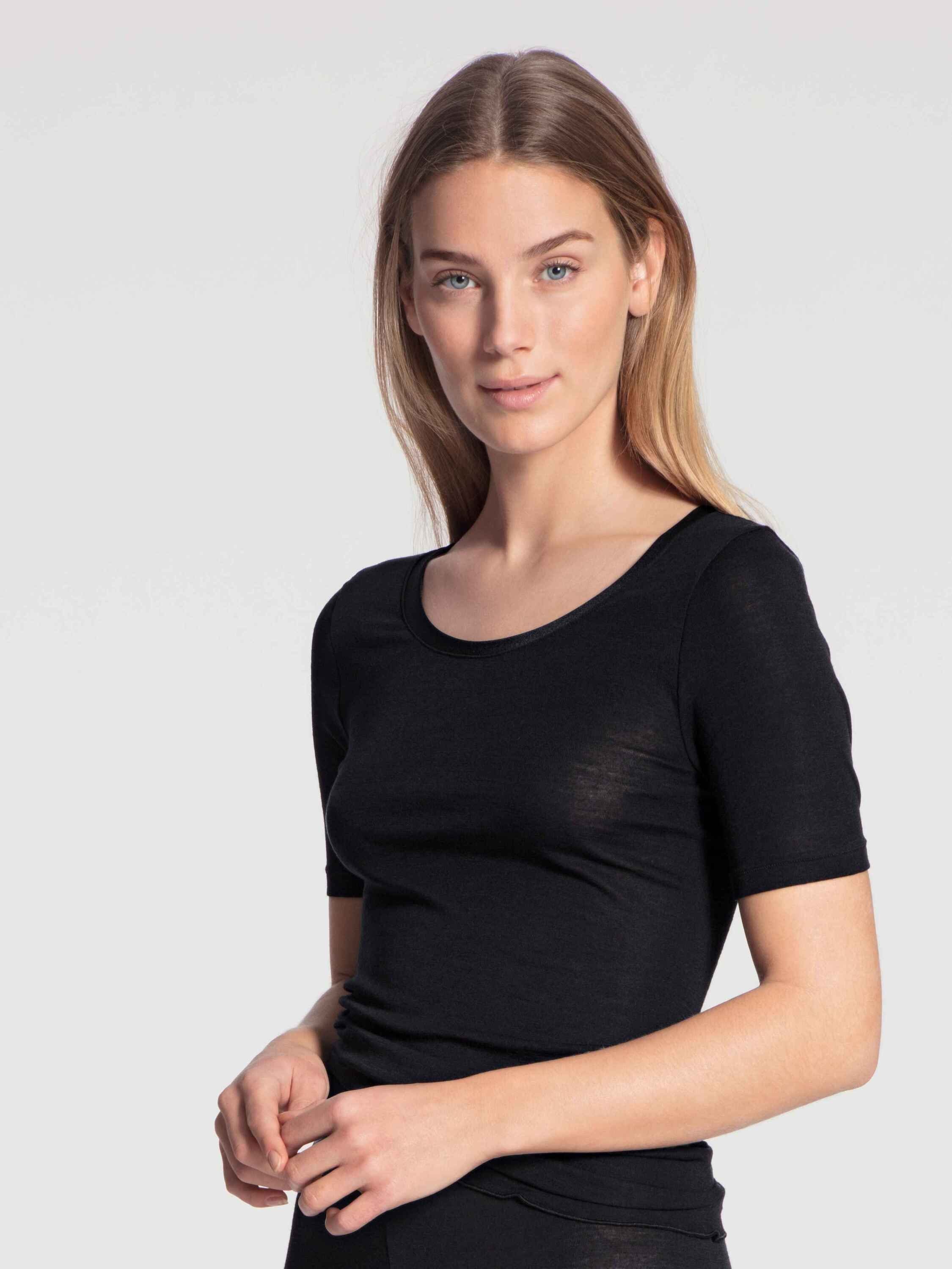 Kurzarm-Shirt CALIDA schwarz aus Unterziehshirt WS (1-St) Wolle-Seide