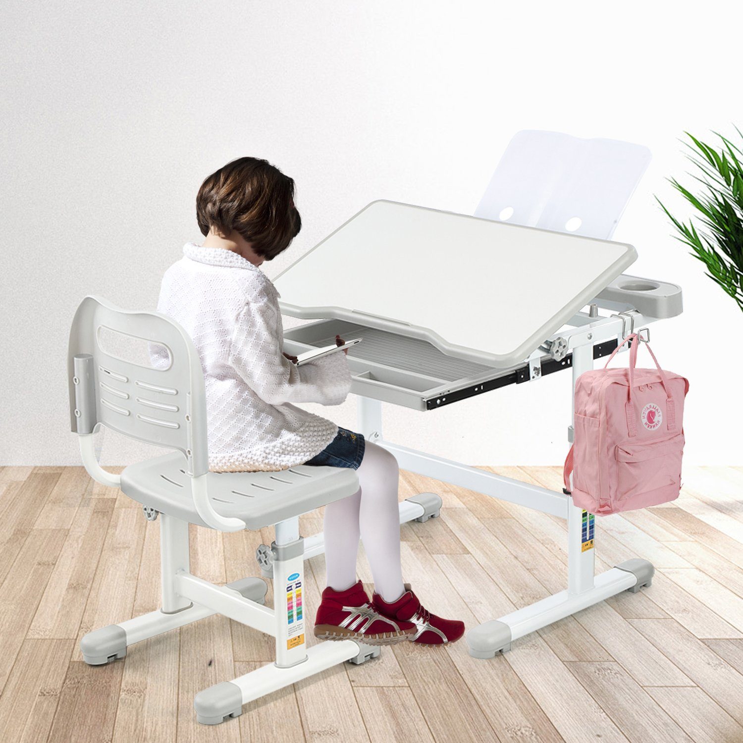 Multifunktionaler Schreibtisch Schülerschreibtisch OULENBIYAR & Set Kinderschreibtisch mit Höhenverstellbarer, Kinder Schublade,LesestäNder Jugendschreibtisch Stuhl, Stuhl