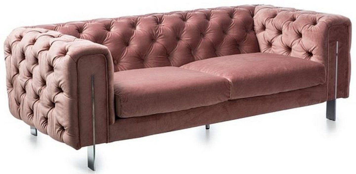 Casa Padrino Chesterfield-Sofa Luxus Rosa Möbel 100 cm x / x Wohnzimmer H. Silber 200 Chesterfield Samt Vintage Chesterfield - 68 Sofa