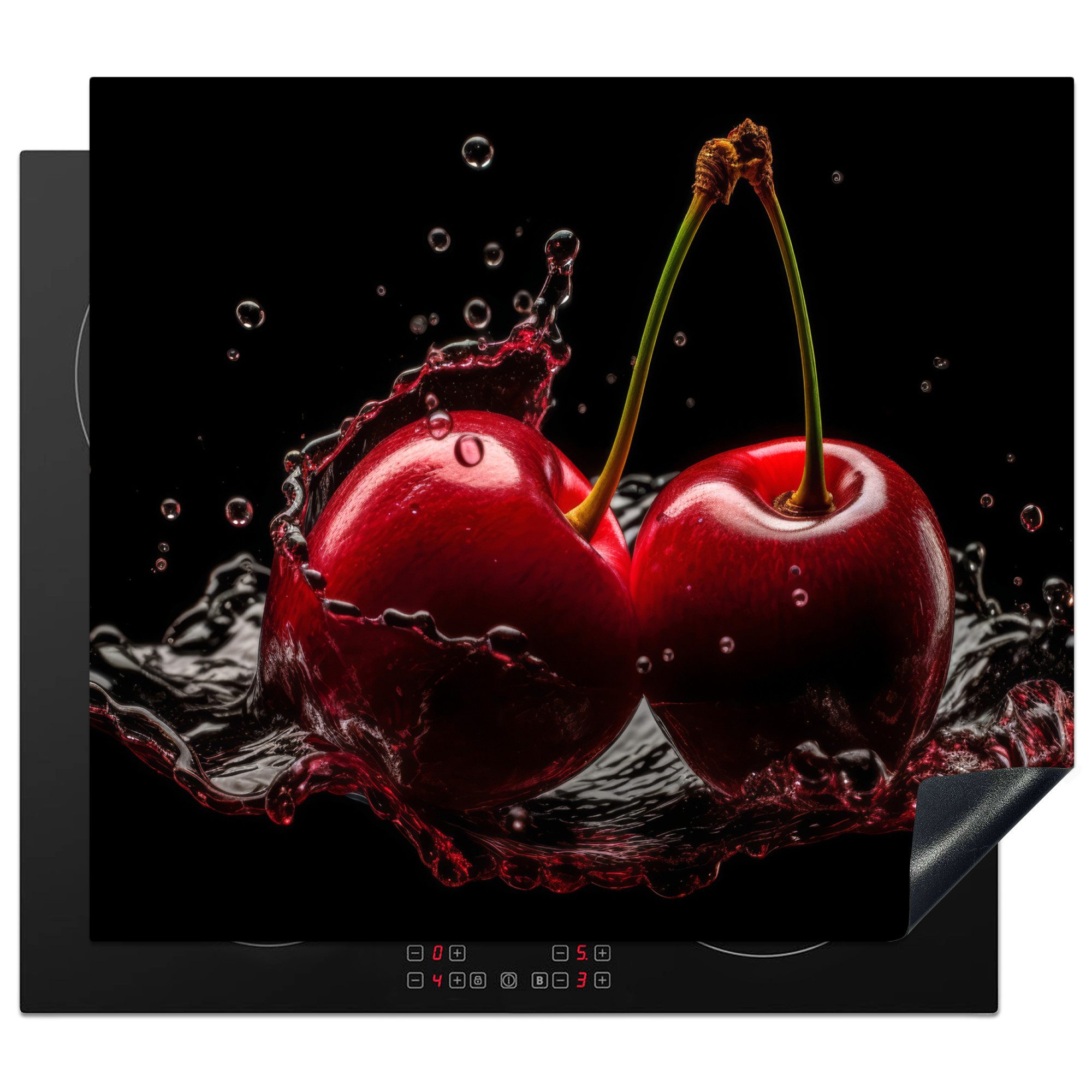MuchoWow Herd-Abdeckplatte Kirsche - Rot - Frucht - Wasser - Schwarz, Vinyl, (1 tlg), Küche Herdabdeckplatte Ceranfeld Vinyl Einteilig, 59x52 cm