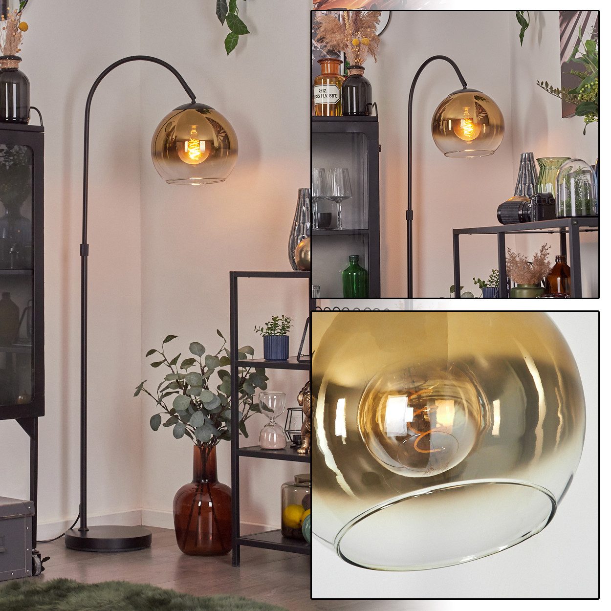 hofstein Bogenlampe Stehlampe aus Metall/Glas in Schwarz/Gold/Klar, ohne Leuchtmittel, moderne Retro Leuchte mit Glasschirmen (25 cm) u. Fußschalter, 1xE27