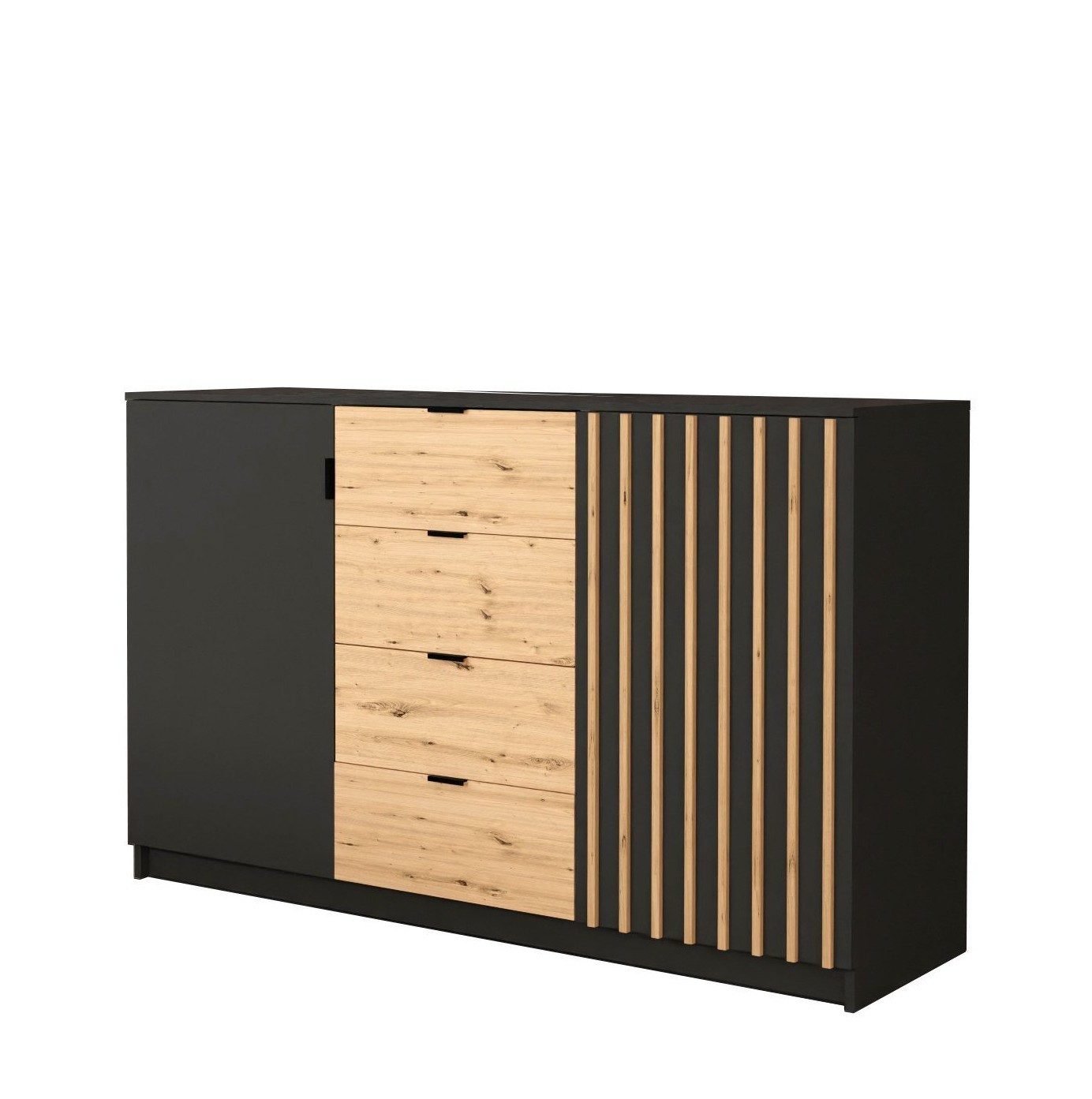 MOEBLO Kommode XANO 150 (Moderne, schwarze Griffe, mit Schubladen schwarz + wotan + wotan Latten, Sideboard Wohnzimmer Kommode Schlafzimmer Komodenschrank Highboard), (B x H x T):150cm x 94cm x 45cm