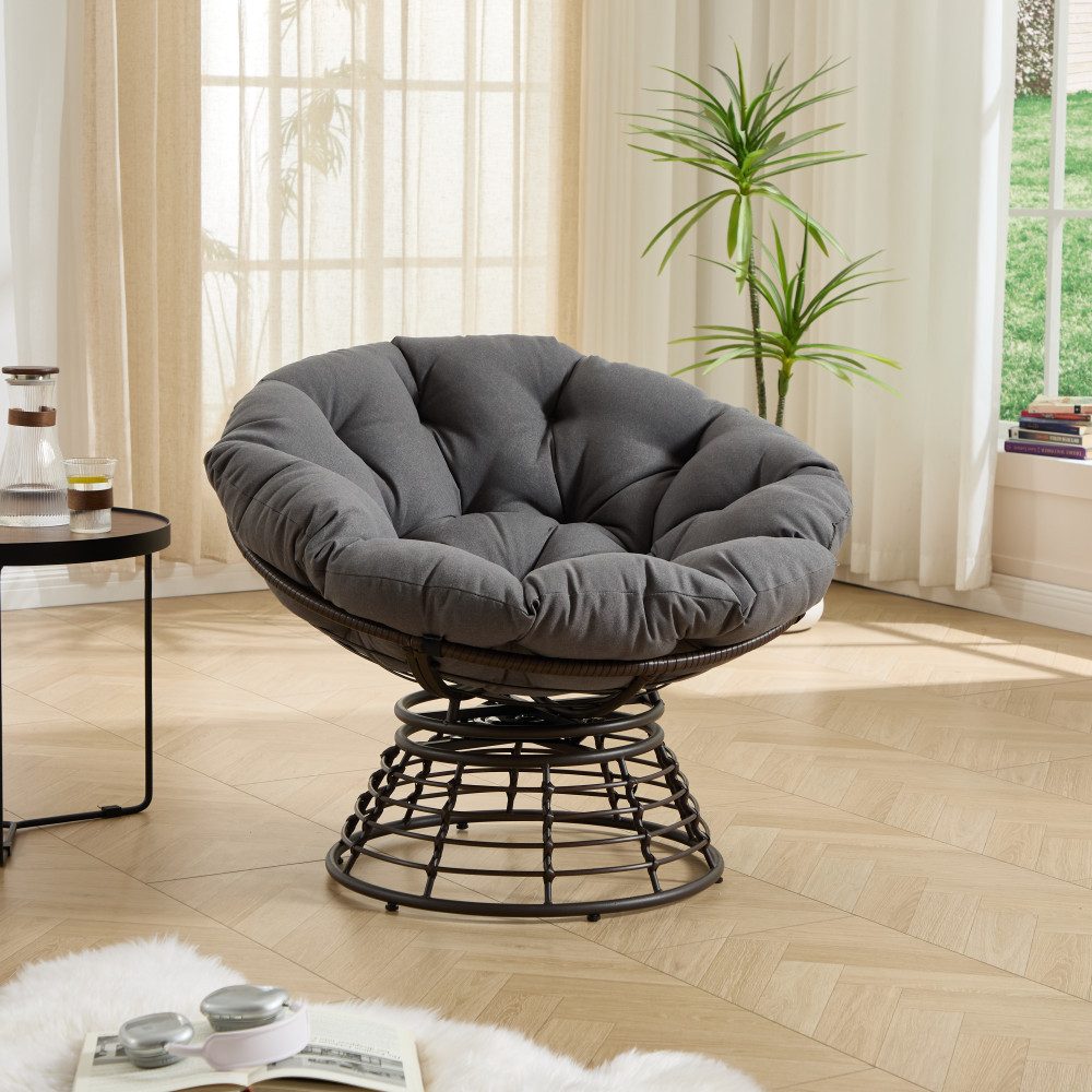 BBWL Sofa 360° Drehbar, ergonomischer Rattan Sessel mit dickem Kissen, Papasan Schaukelstuhl für Wohnzimmer Schlafzimmer Lesen Braun