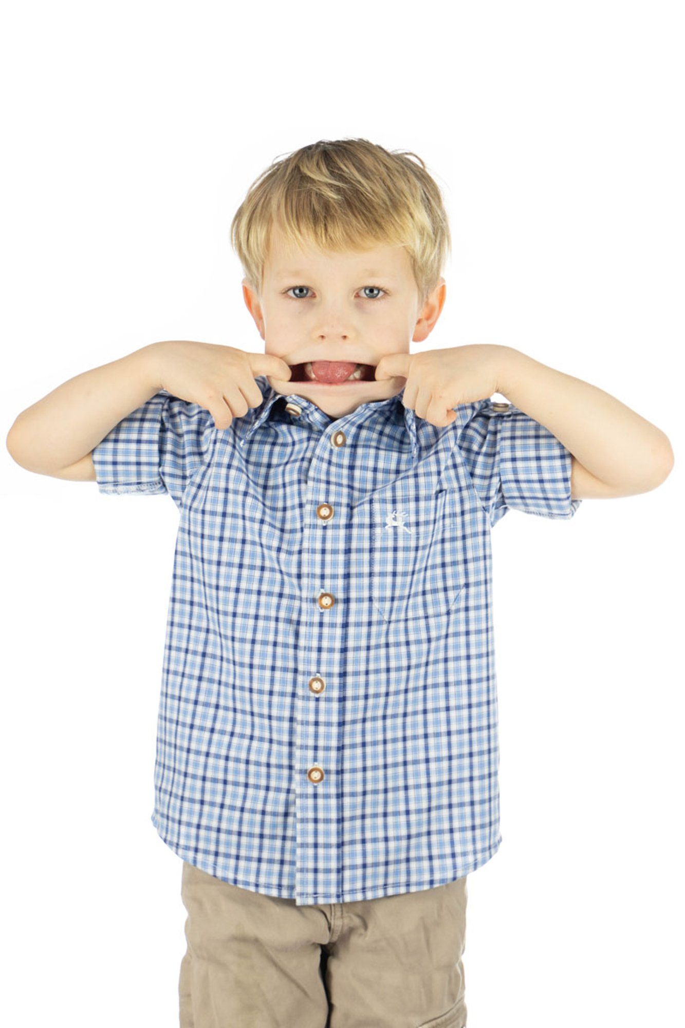 OS-Trachten Jungen Hirsch-Stickerei Trachtenhemd mit der Langarm marine Skimli auf Brusttasche Hemd