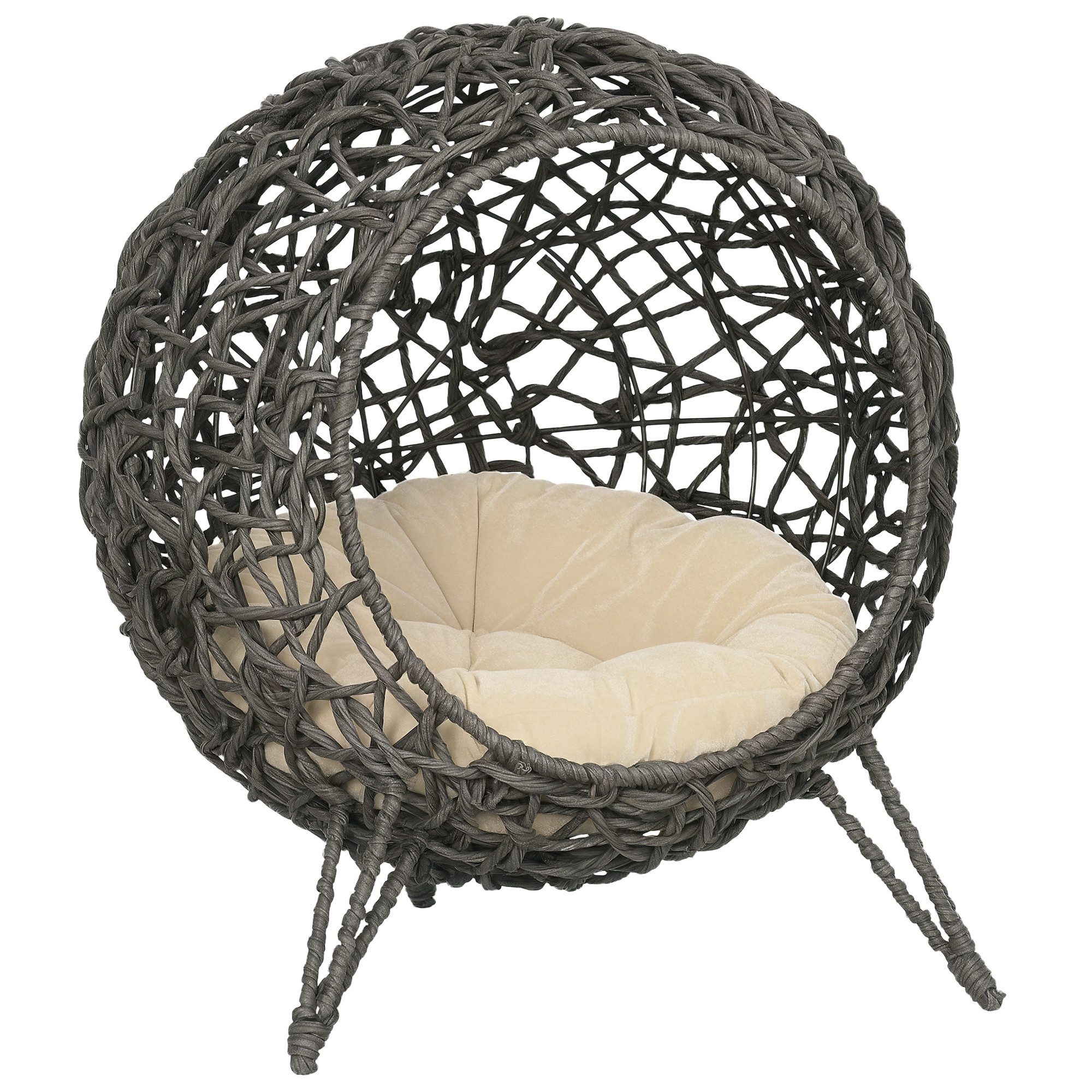 PawHut Tierhaus Katzenhöhle aus PE-Rattan mit Kissen, erhöhten Füßen PE-Rattan, für Katzen, Silbergrau