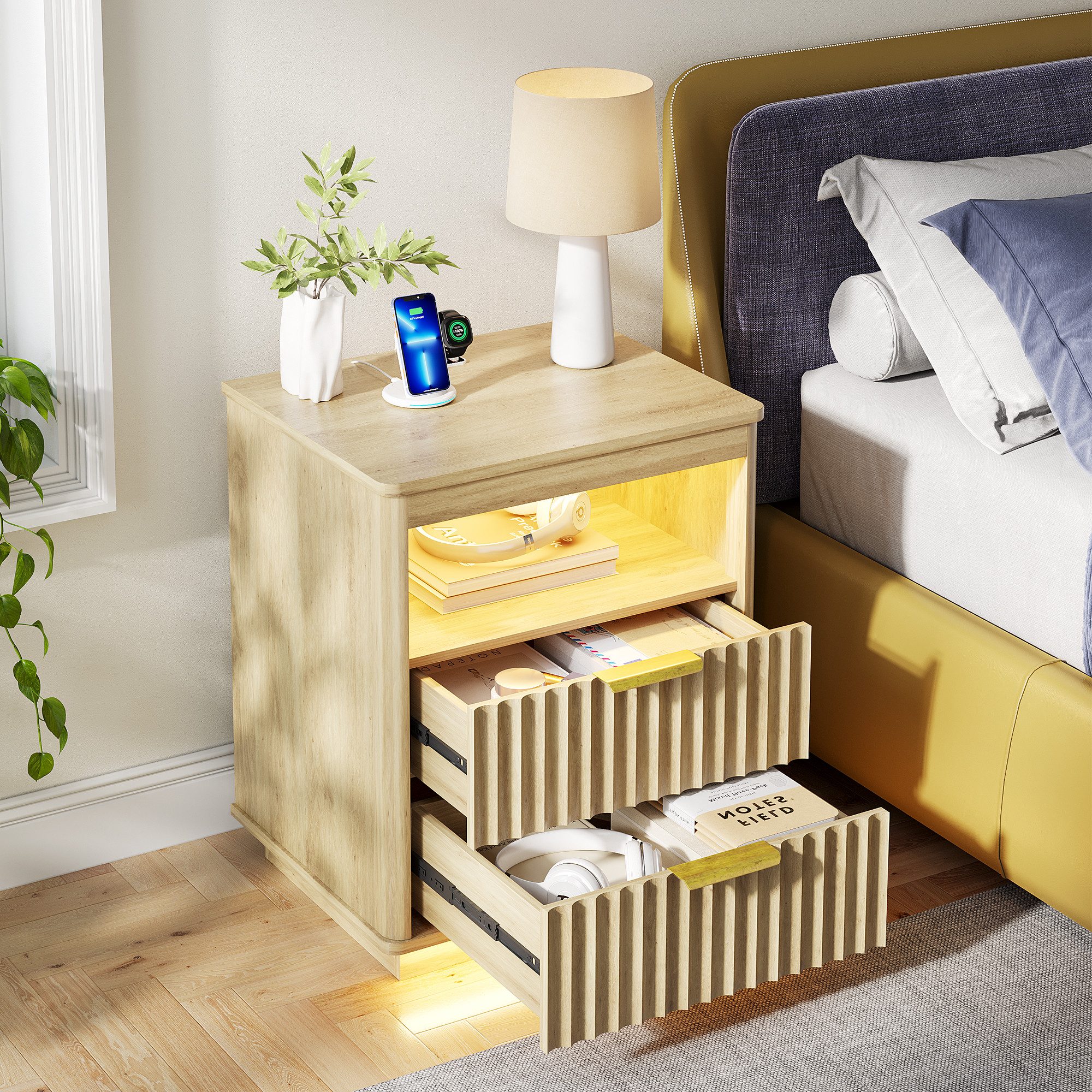 LVSOMT Nachttisch LED Nachttisch für Schlafzimmer mit Ladefunktion und 2 Sc günstig online kaufen