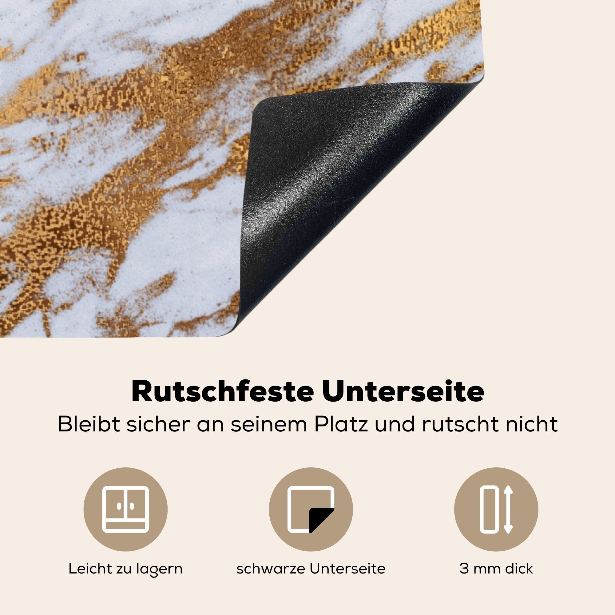 MuchoWow Herdblende-/Abdeckplatte Marmor - Muster für (1 Arbeitsplatte Gold - cm, Weiß, tlg), 78x78 Vinyl, küche Ceranfeldabdeckung, 
