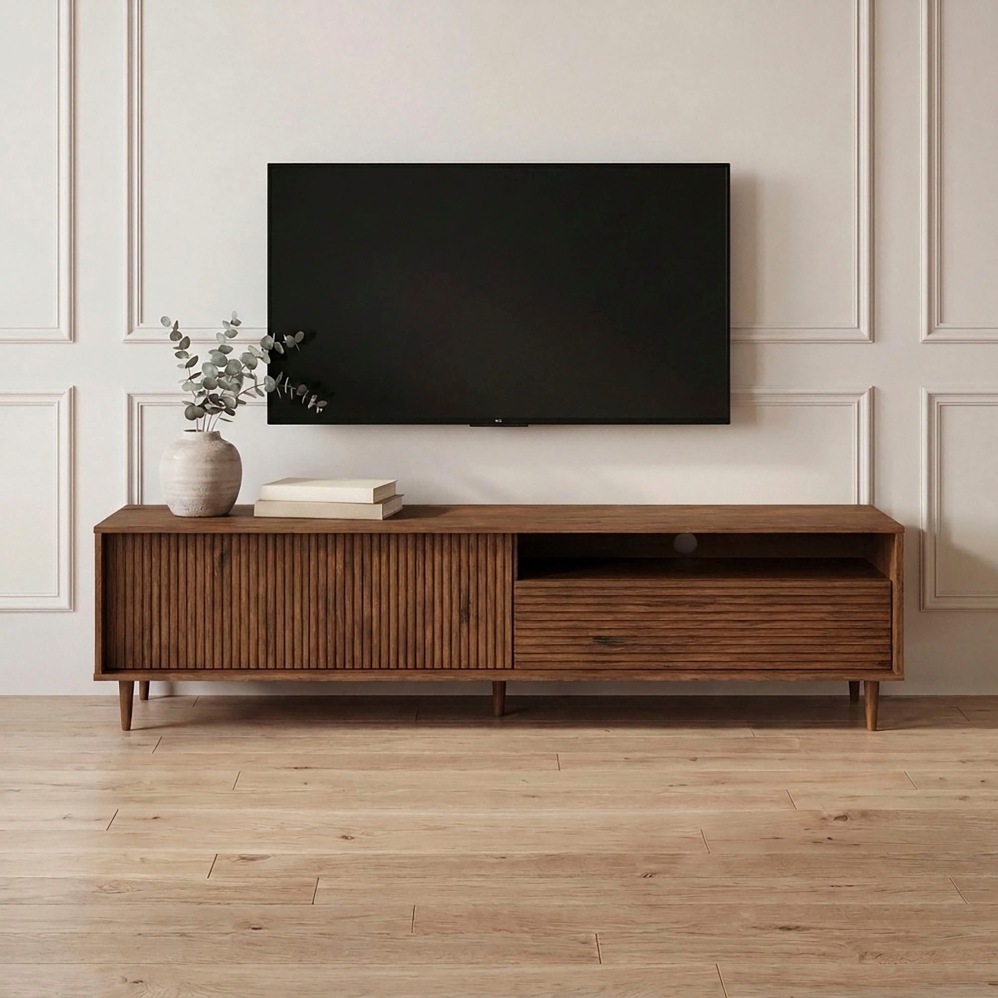OTTO home Lowboard Malmedy Front mit gefrästen Rillen, TV-Kommode aus massivem Kiefernholz, Push-to-open, Breite 180 cm