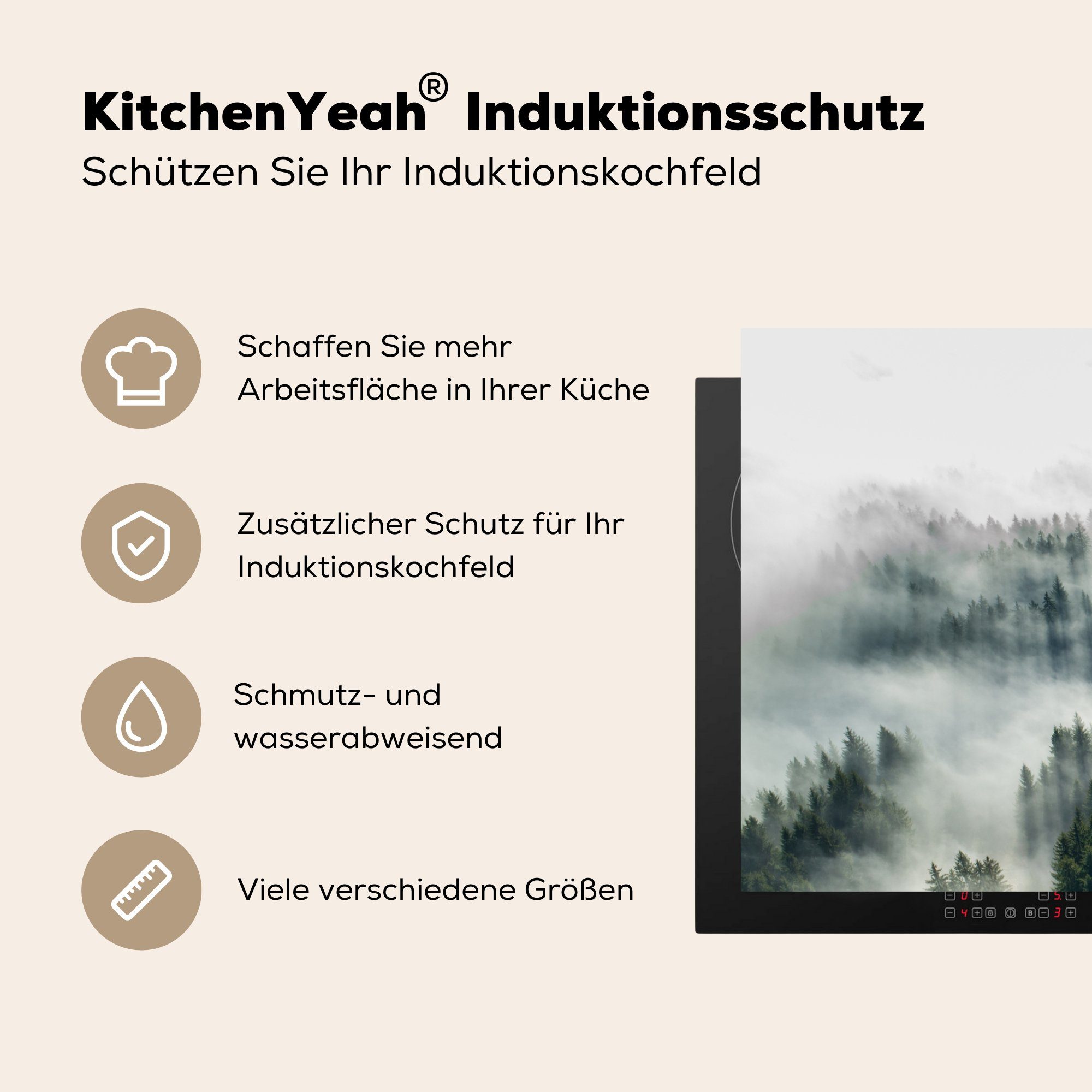 Nebel in Vinyl, für einem Herdblende-/Abdeckplatte MuchoWow 81x52 die Wald, küche, cm, Induktionskochfeld von Schutz tlg), (1 Luftaufnahme Ceranfeldabdeckung