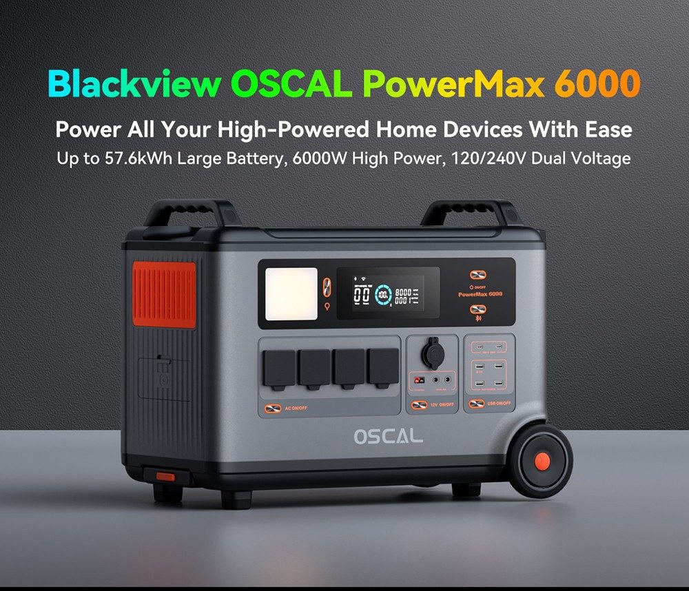 OSCAL Blackview PowerMax 6000W generator, LiFePO4 battery from 3,600Wh to 57,600Wh, 14 outputs, 3500+ Life Circle, Smart APP control, 5 LED light modes