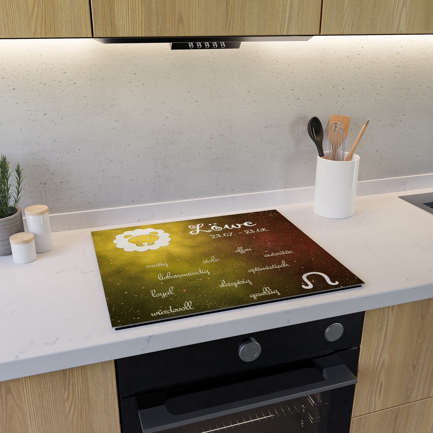 Wallario Herd-Abdeckplatte Sternzeichen Löwe, ESG-Sicherheitsglas, (Glasplatte, 1 tlg., inkl. 5mm Noppen), verschiedene Größen