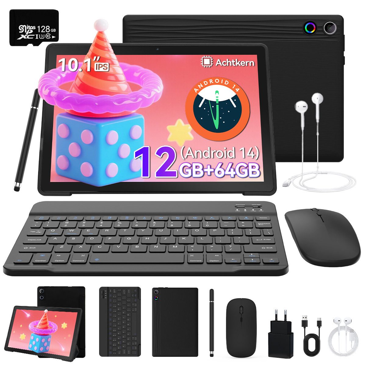 Happybe Android 14 10 Zoll 12GB RAM+64GB mit Hülle, Tastatur & Stift Set Tablet (10,1", 64 GB, Android, WiFi, Octa-Core, WiFi 6, HD 1280x800, 5000mAh Akku)