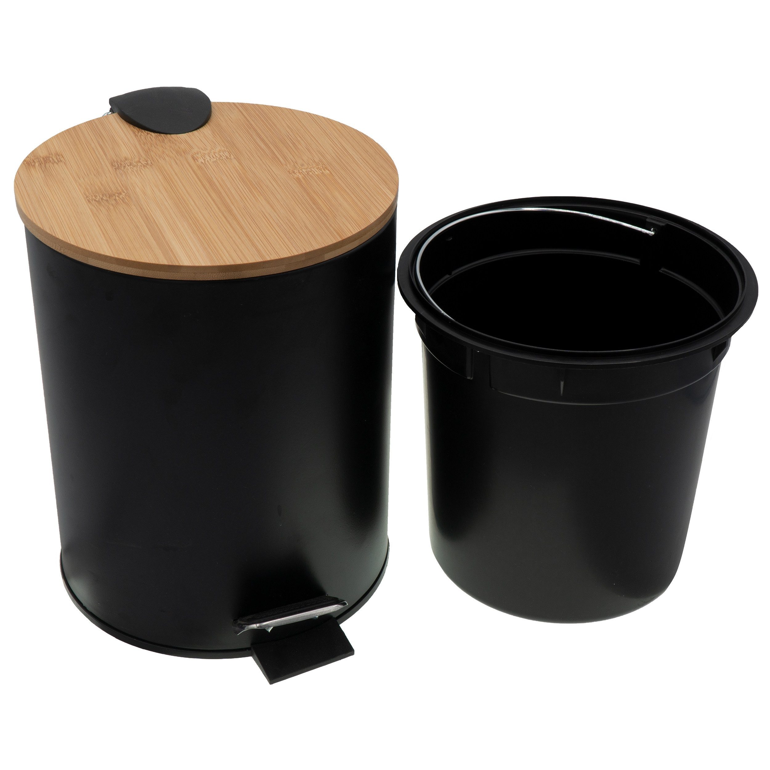 hrb Kosmetikeimer Mülleimer 3 Liter, Kunststoffeinsatz Bad WC Treteimer mit Bambusdeckel, Fußtaster, Klappdeckel, Inneneimer
