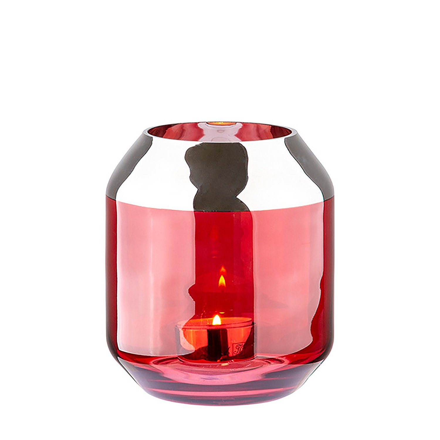 Fink Teelichthalter SMILLA Teelichthalter - H.14cm x D.12cm - Glas - rot/silberfarben (1 St., Leuchte - Geschenk für Frauen), Windlicht Teelicht Vase: Vielseitiger Kerzenleuchter & Blumenvase