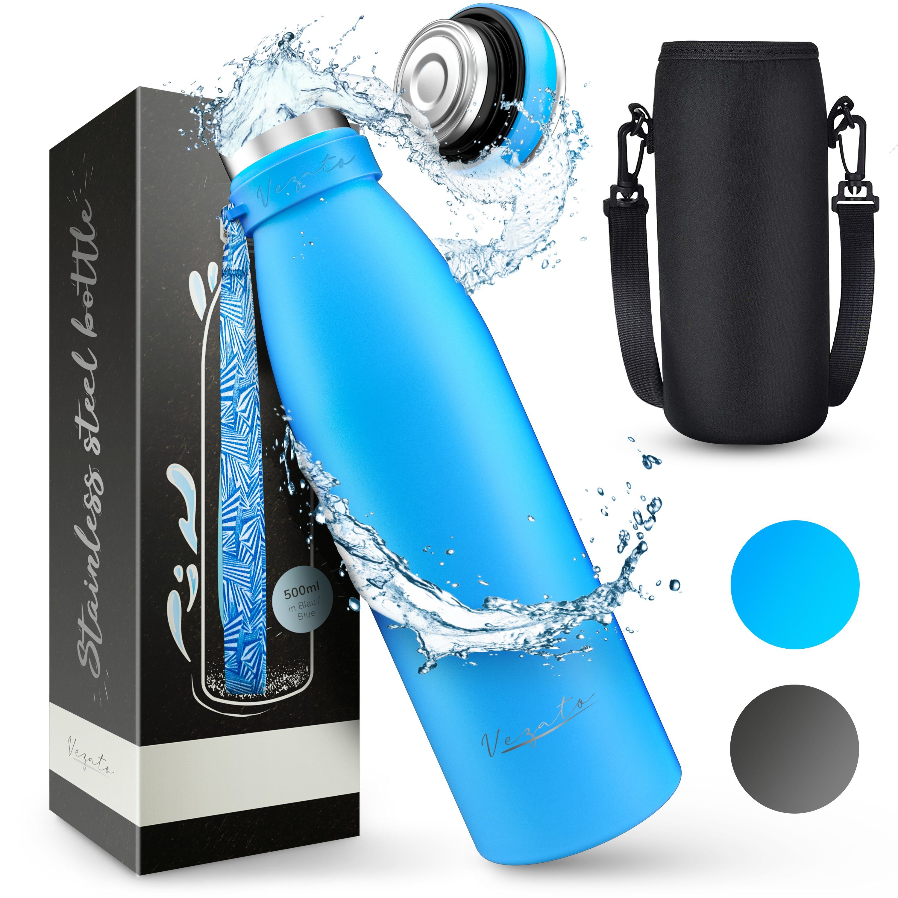 Vezato Trinkflasche Trinkflasche Edelstahl - BPA-freie Isolierflasche 500 ml, Edelstahl Tragegurt Blau