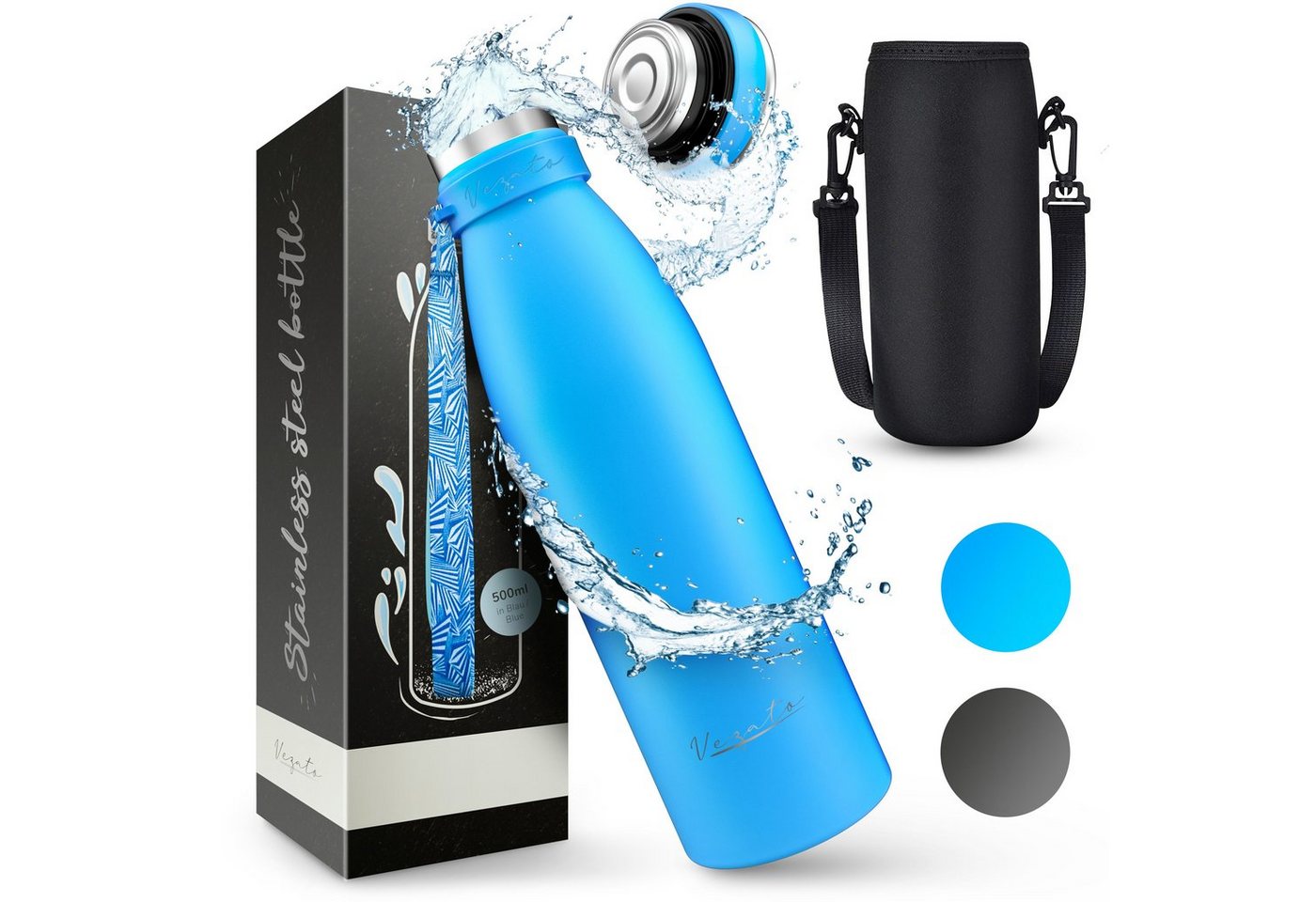 Vezato Isolierflasche Trinkflasche Edelstahl - BPA-freie Thermo Trinkflasche 500-1000ml, mit Tragegurt - auslaufsichere Thermosflasche spülmaschinenfest
