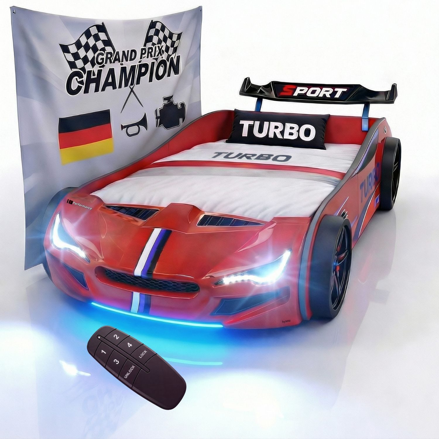 Coemo Autobett GTE (1-tlg., Komplett-Set Bett und Lattenrost), Rot Autobett Rennwagen GTE mit Lattenrost, Beleuchtung, Motorgeräusche