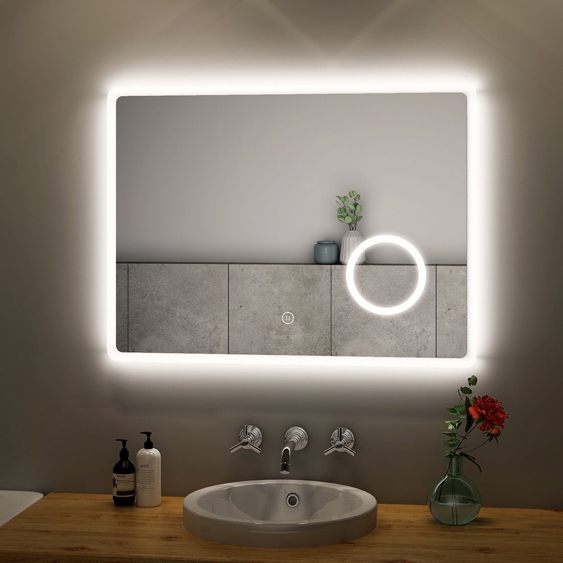 S'AFIELINA Badspiegel Led Badspiegel mit Beleuchtung Wandspiegel, 80x60cm,Kaltweiß 6500K,Touchschalter,3-fach Vergrößerung,IP 54 | Badspiegel