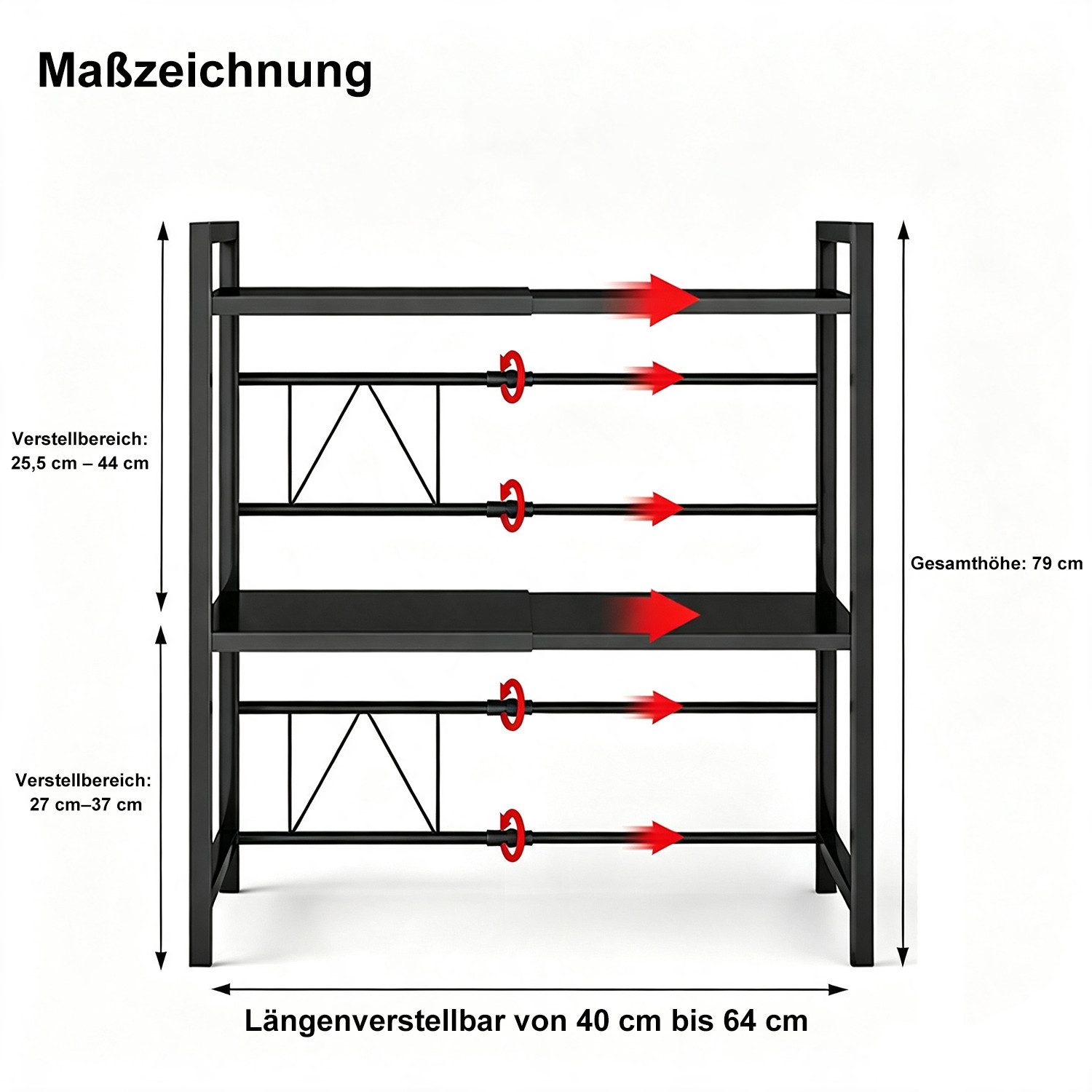 devesanter Küchenregal Dreistöckiges ausziehbares Mikrowellen-Regal, Verstellbar 40–64 cm, mit 6 Haken, Ablagegestell für Mikrowelle und Küchenutensilien – Bild 2 von 5