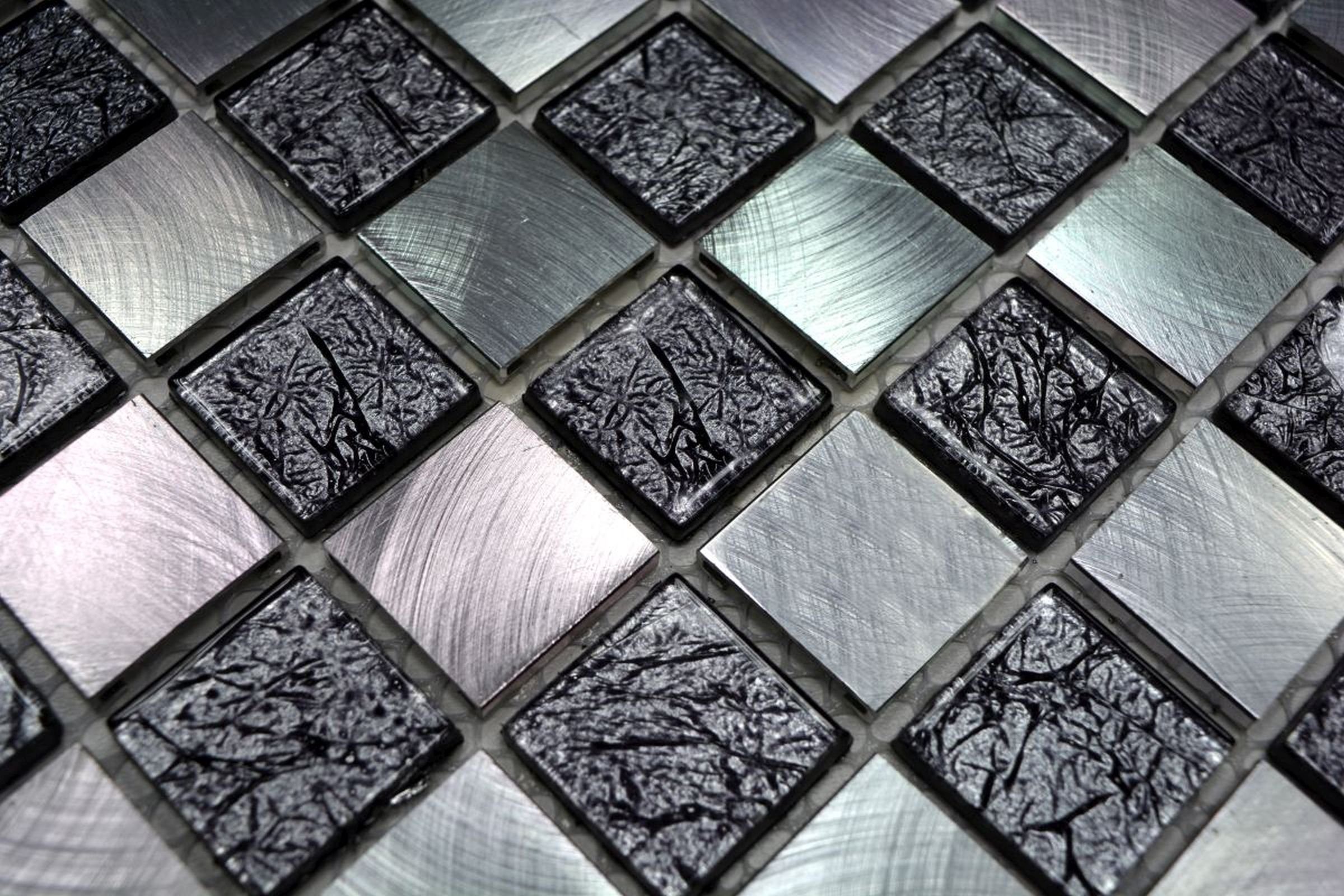 Mosani Mosaikfliesen Mosaik Fliese Alum Glasmosaik schwarz anthrazit schachbrett silber