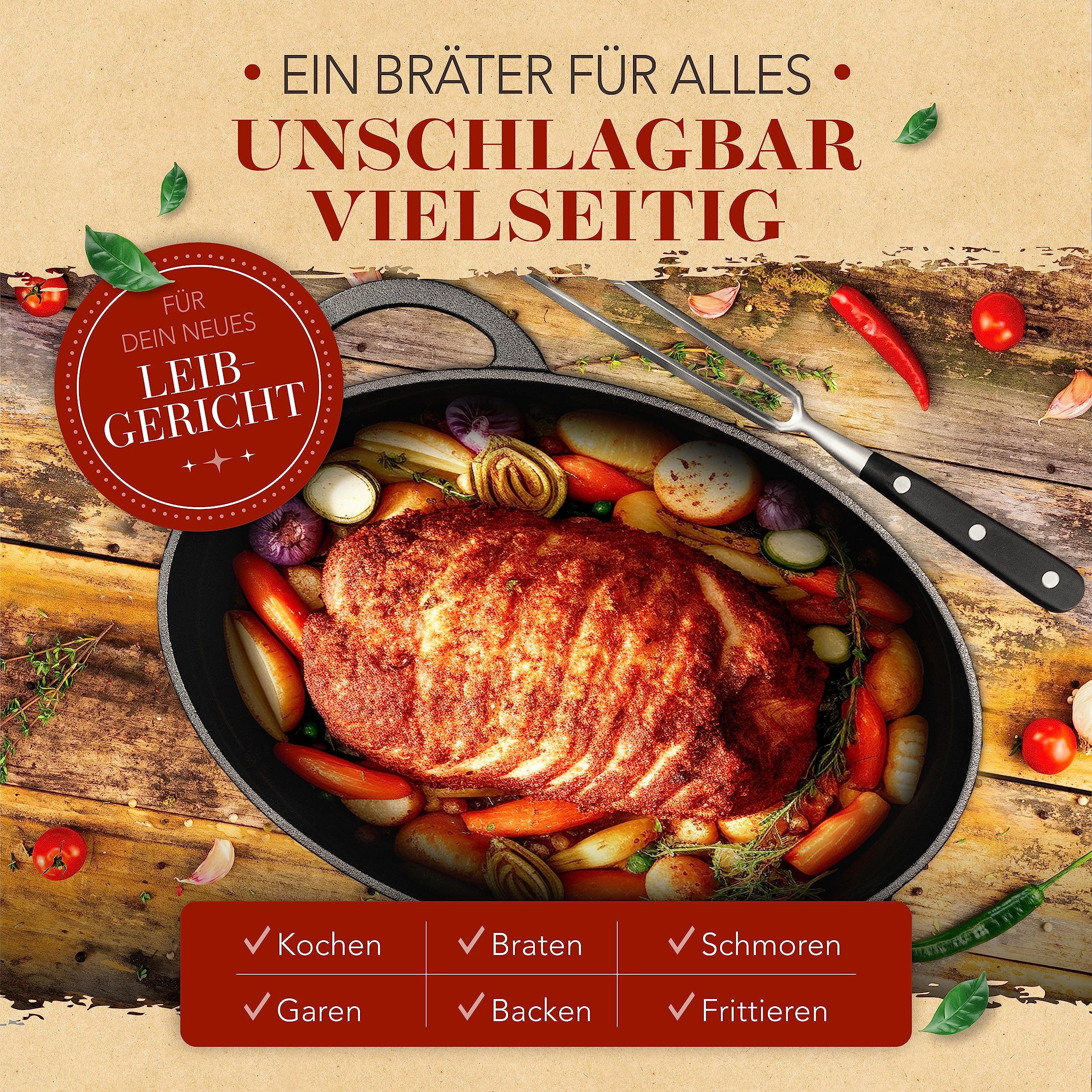 Krustenzauber Bräter 35cm Gusseisen Bräter mit Deckel backofengeeignet inkl. Fleischgabel, (Gusseisen Topf XXL - Idealer Schmortopf Kazan, Bräter Induktion), Gusseisenpfanne backofengeeignet