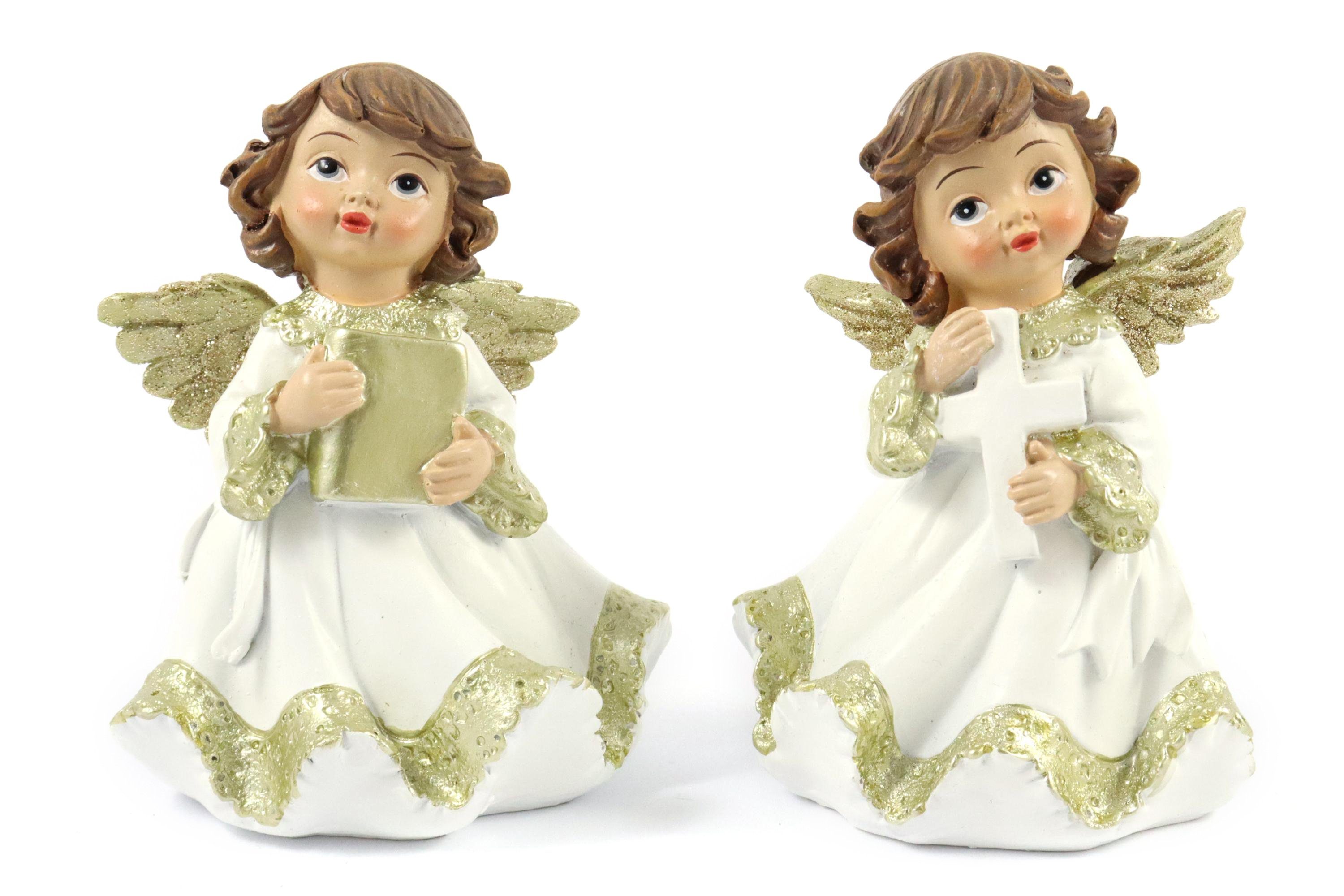 ELLUG Engelfigur 2er Set Engel in weiß goldenem Kleid mit goldenen Flügeln & Glitzer (2 St)