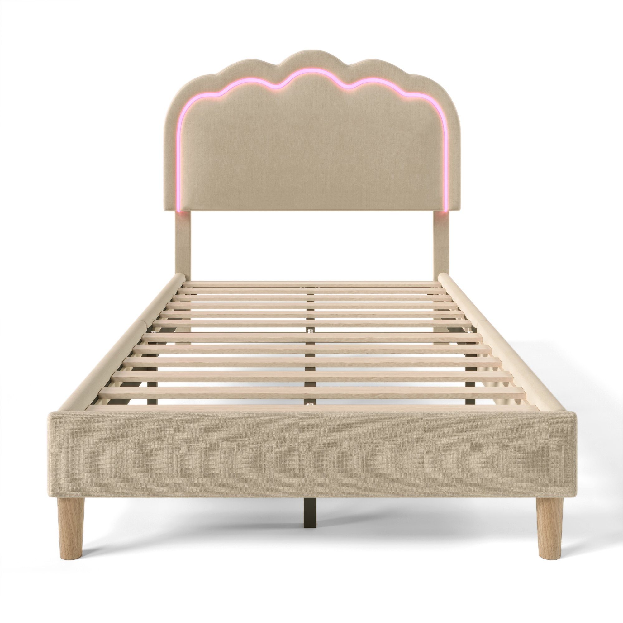 Polsterbett (Einzelbett, LED Jugendbett), mit Lattenrost & Verstellbares Kopfteil in Puff-Form, 90x200cm, Leinen
