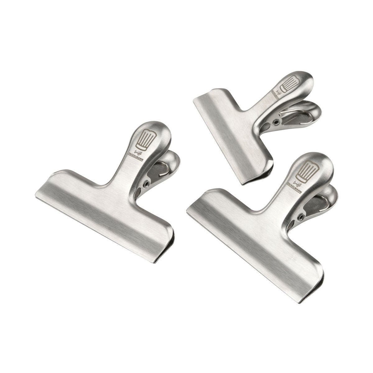 Chefkoch trifft Fackelmann Verschlussklammer Tütenclips 3er-Set aus Edelstahl – 78mm Länge – Hochwertig – Silber