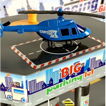 TikTakToo Spiel-Parkhaus Parkgarage mit 4 Autos und 1 Hubschrauber (komplettes Spiel-SET, mit Werkstatt und Tankstelle), 5 Ebenen, mit Fahrstuhl,. 5 Metall-Spielzeugautos. Helikopter