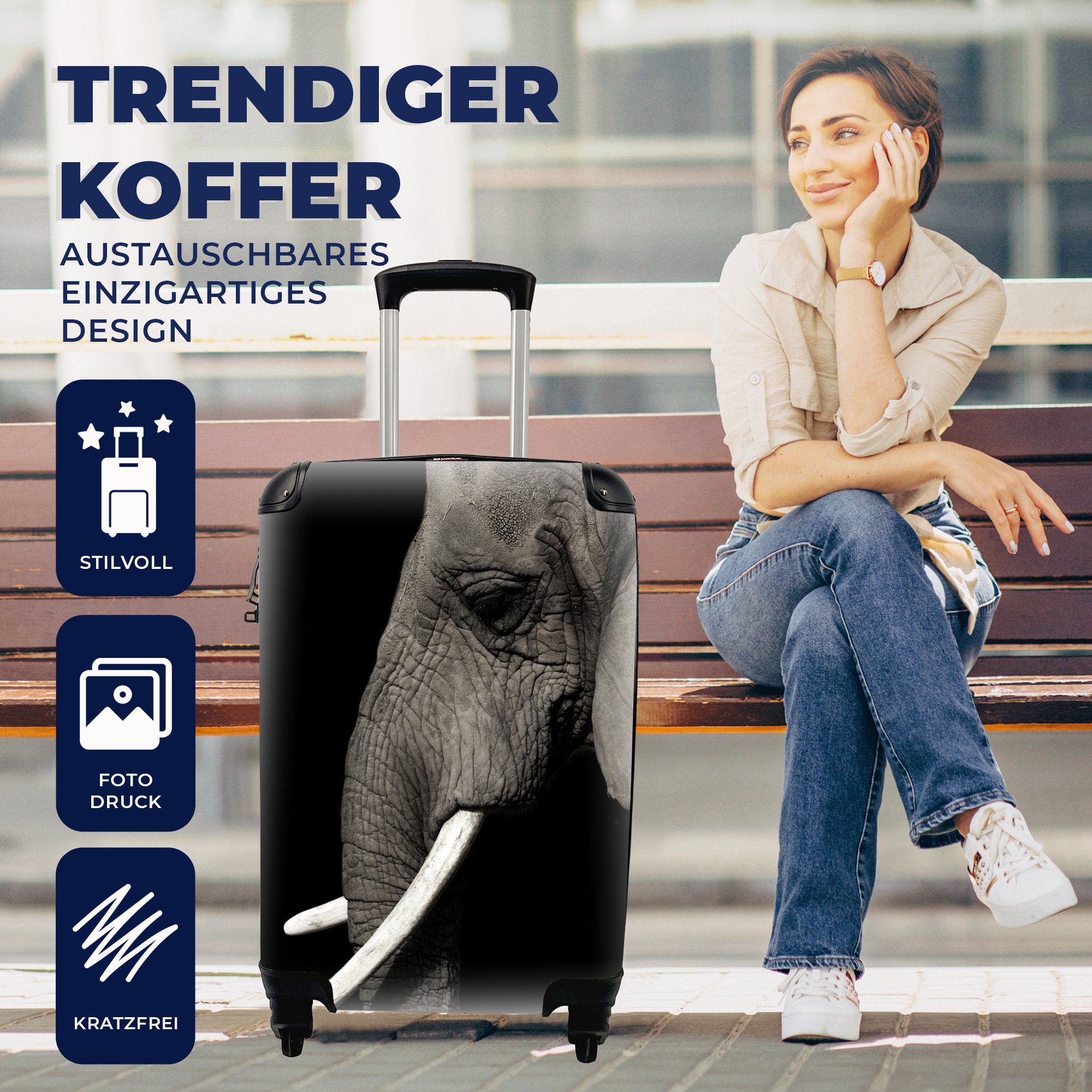 Ferien, - rollen, für Rollen, 4 - Stoßzahn, Reisetasche MuchoWow Handgepäck Reisekoffer Tier Elefant mit Trolley, Handgepäckkoffer