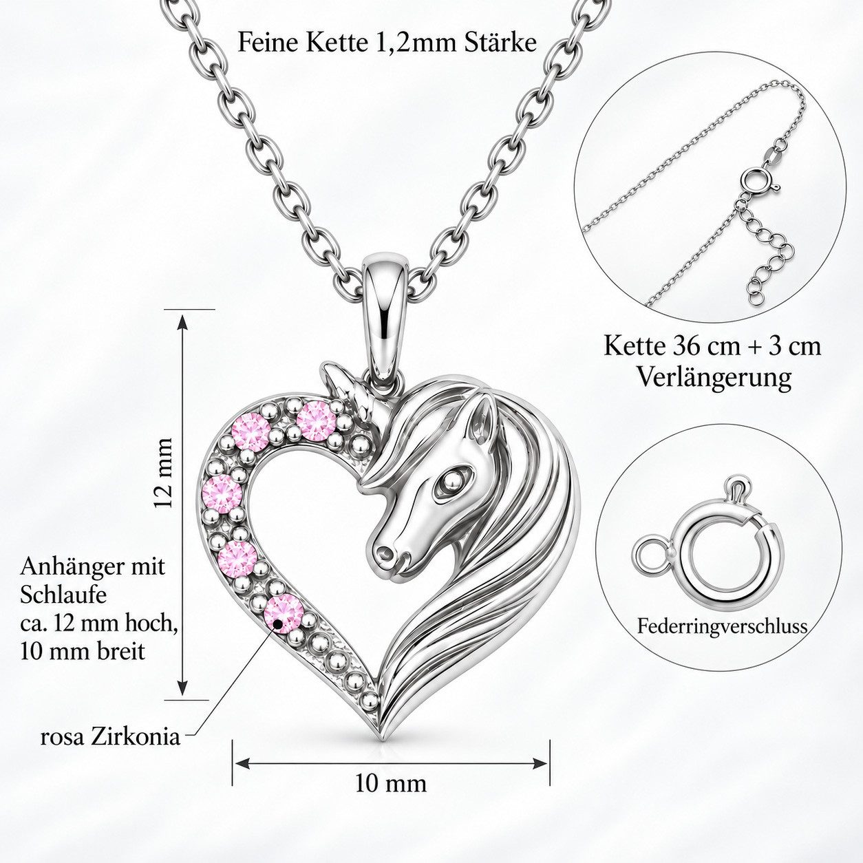 Limana Kette mit Anhänger echt 925 Sterling Silber Herz Einhorn Pferd rosa Halskette Kinderkette (inkl. Geschenkdose), Geschenk für Kinder Mädchen Kinderschmuck – Bild 5 von 5