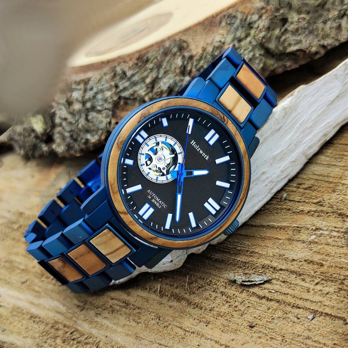 & blau, beige Uhr, Herren Holz Automatikuhr Armband COBURG schwarz, Edelstahl Holzwerk