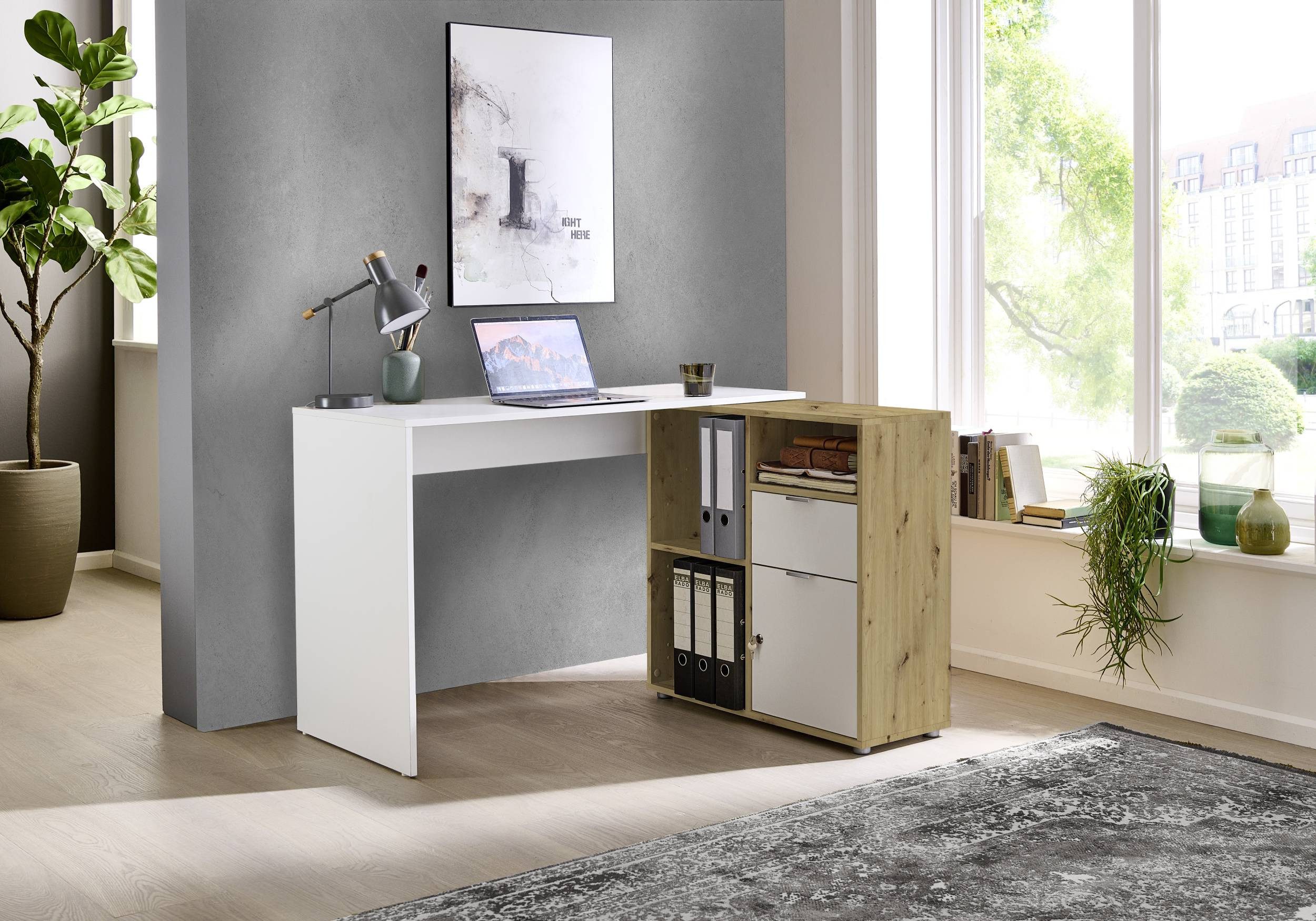 BMG Möbel Eckschreibtisch LENI (Schreibtischplatte mit Regal), Breite 110 cm, spiegelverkehrt montierbar, abschließbare Tür – Bild 2 von 4