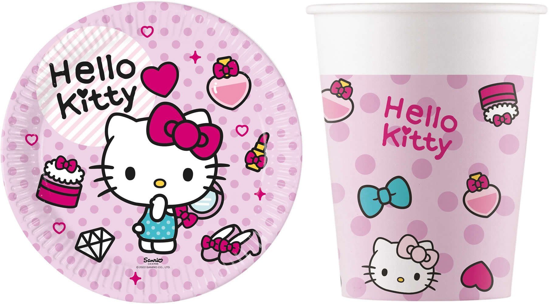 Procos Einweggeschirr-Set 16-tlg Set Kindergeburtstag Party Feier Fete Deko  Motto Hello Kitty (16-tlg), 8 Personen, Pappe