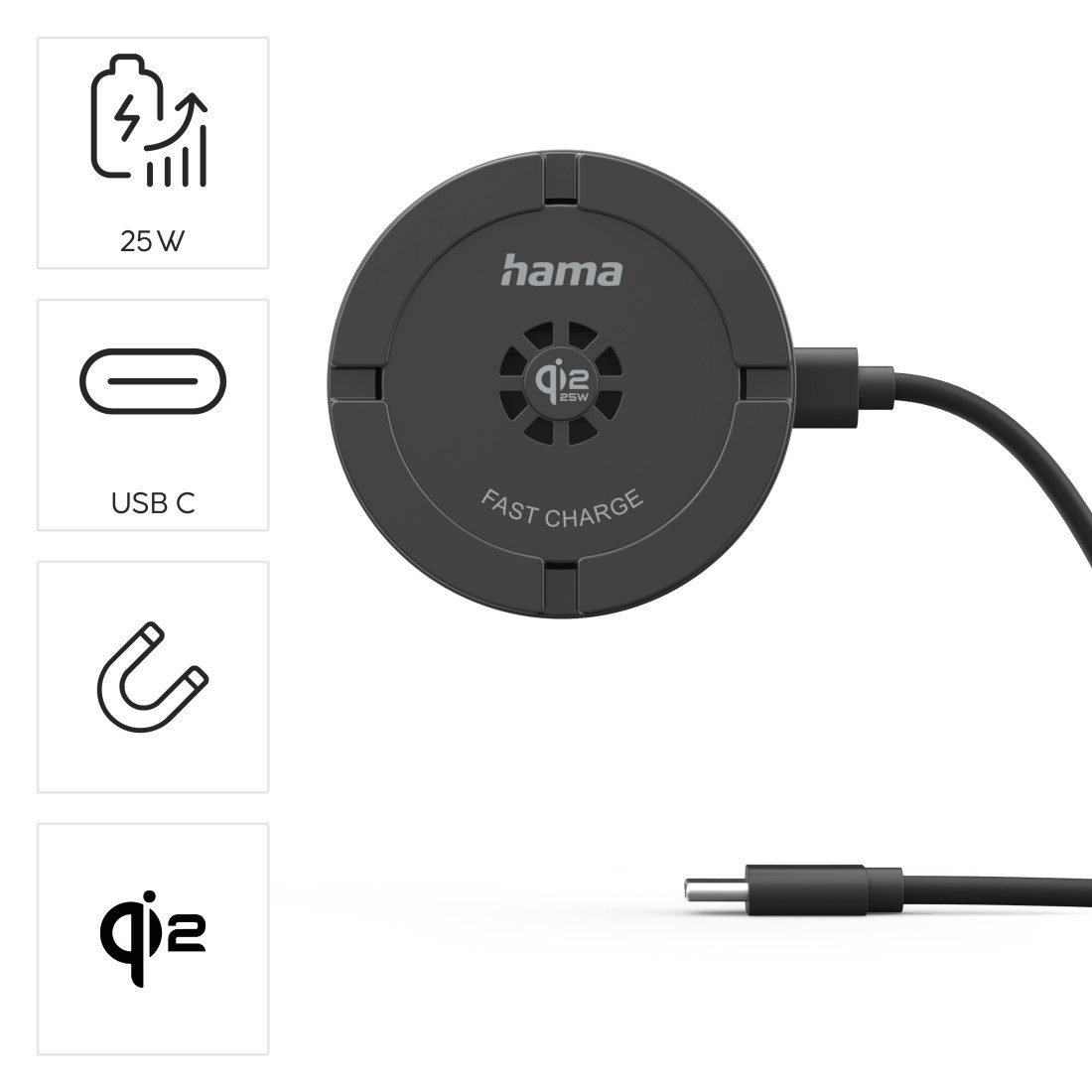 Hama Qi2 25W Wireless Ladegerät magnetisch mit Standfunktion Wireless Charger (Qi2 25W, magnetisch, Standfunktion, Luftkühlung, USB-C)