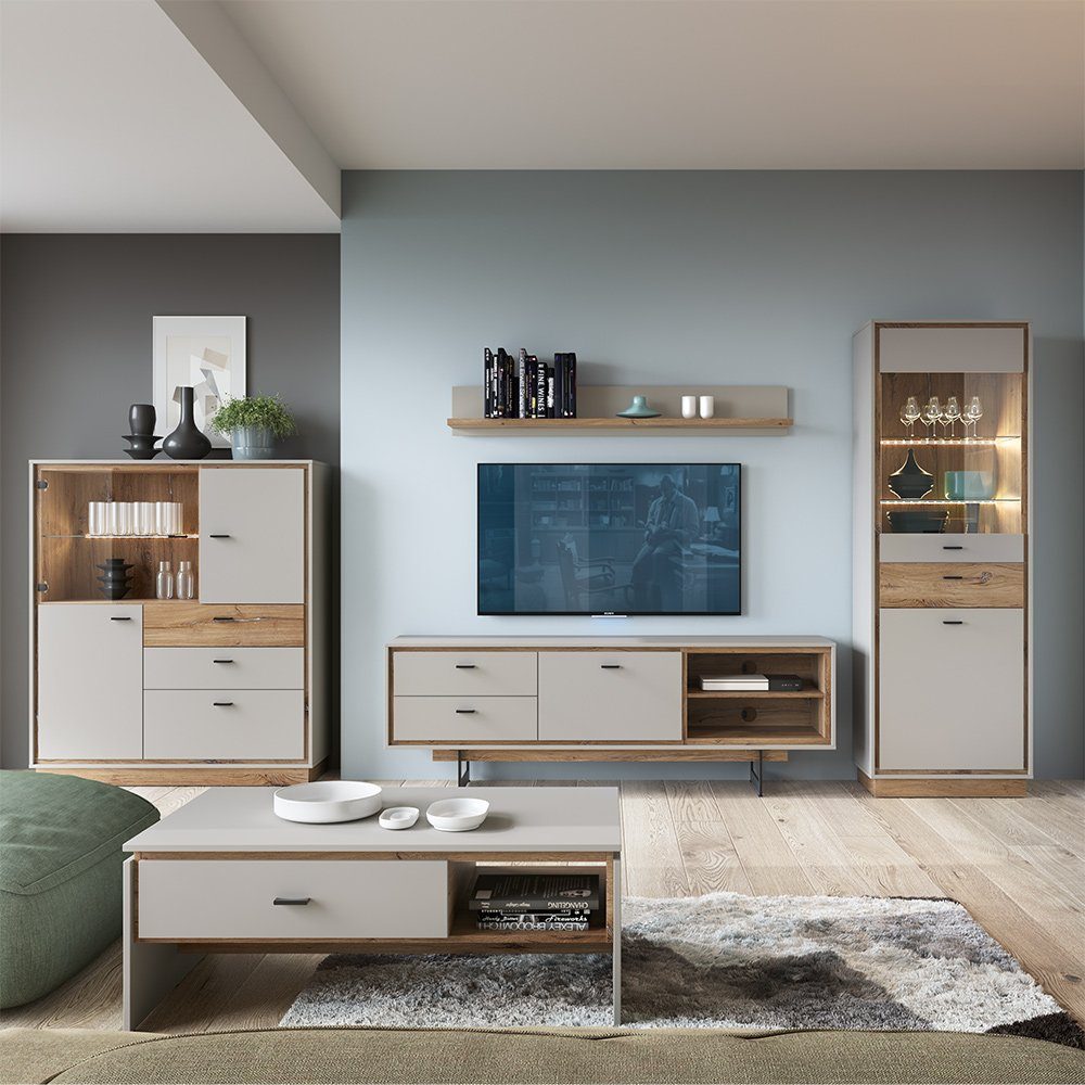 Lomadox Wohnzimmer-Set RAMVIK-129, (Mega-Spar-Set, 5-tlg), Moderne mit Couchtisch in grau und Flagstaff Eiche Nb. | Wohnwände