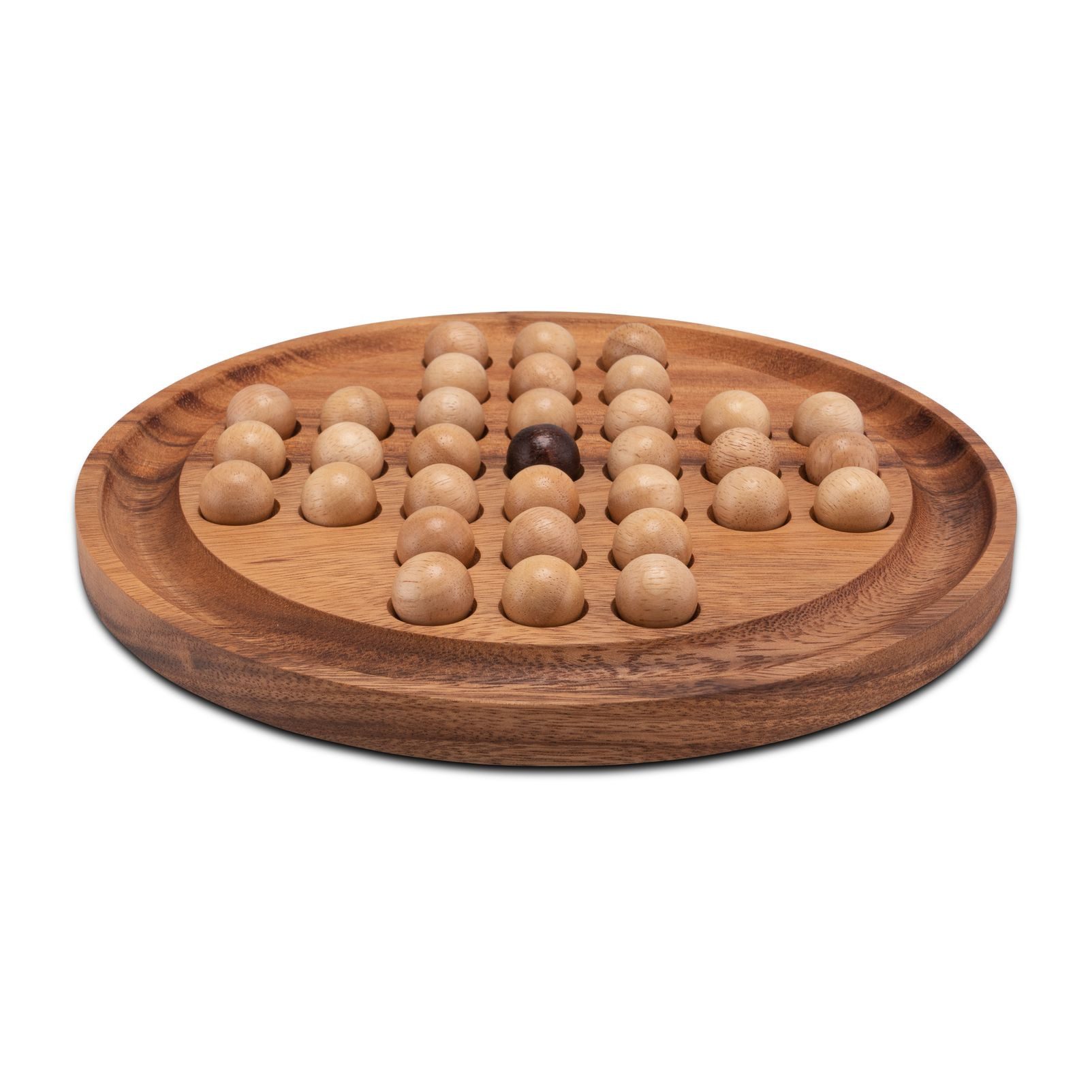 LOGOPLAY Spiel Solitär Gr. XL rund mit hellen Kugeln, Gesellschaftsspiel, Solitär XL rund Edles Knobelspiel aus Samena-Holz mit Holzkugeln Ø 26