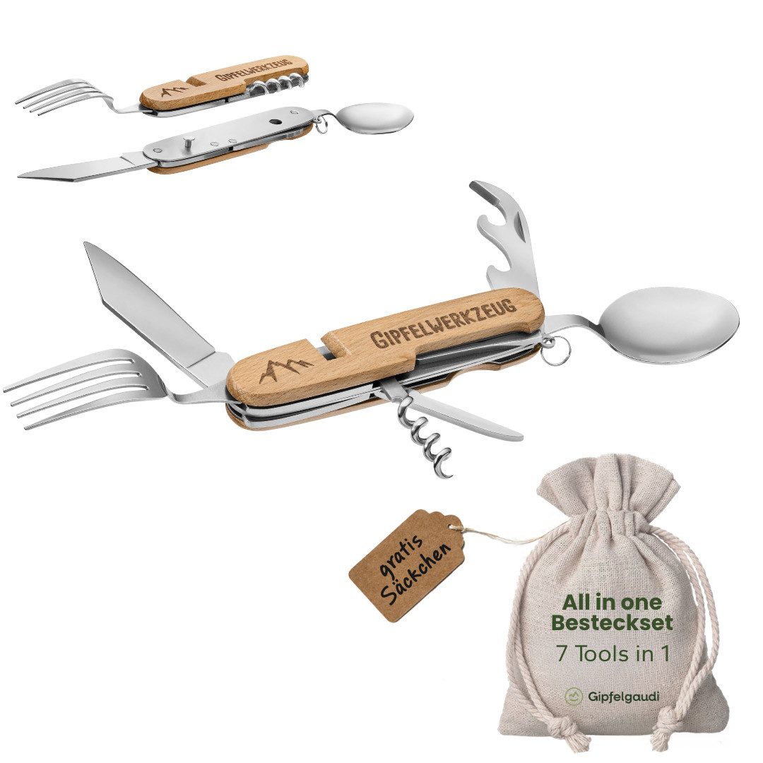 Gipfelgaudi Taschenmesser All-in-One Camping Besteck: ideal zum Wandern, Picknick & mehr, (2 St., teilbar), Teilbar in zwei Hälften, Robust, Plastikfrei